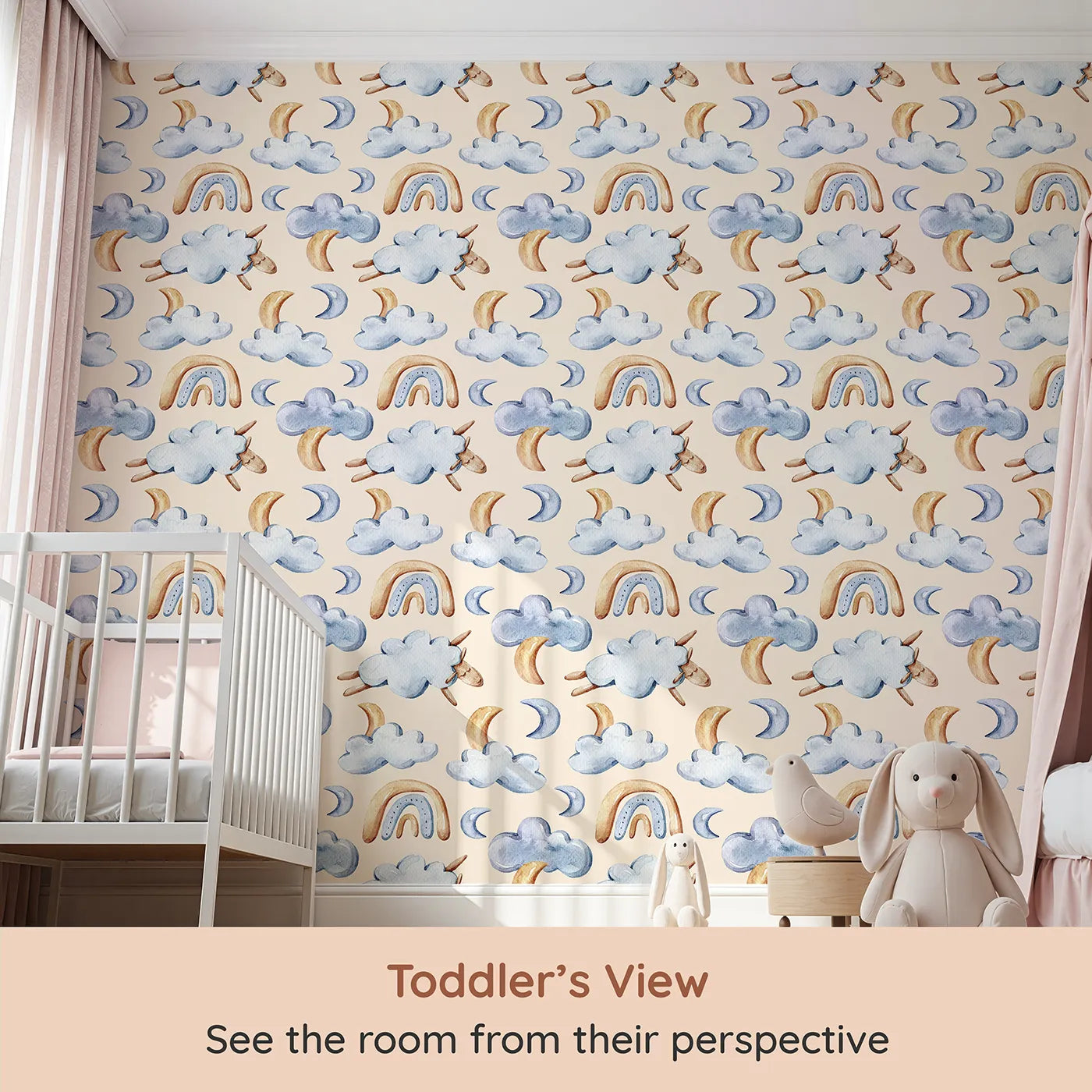 Whimsy Tots Sleepy Cloud Parade Wallpaper in Sand (W3422C) from your child's view.Warm beige skies welcome fluffy clouds and sleepy sheep.