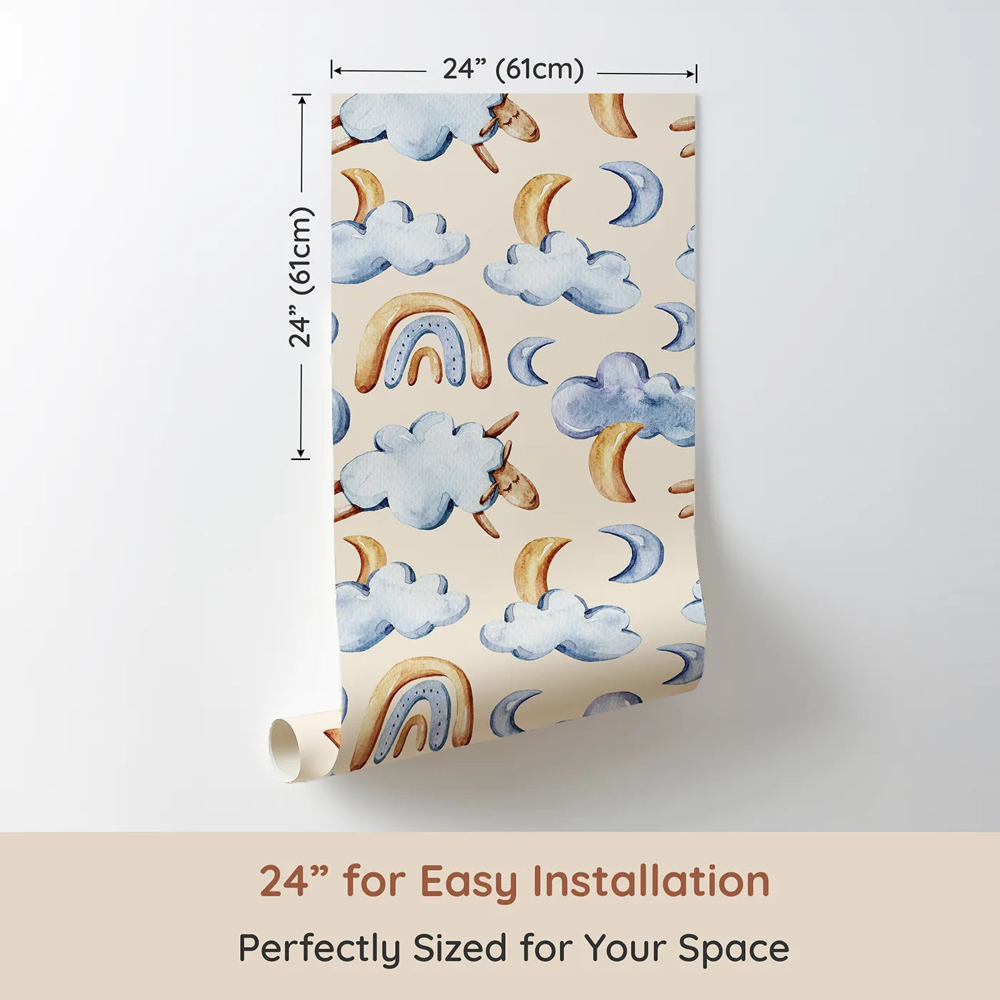 Dimension view of Whimsy Tots Sleepy Cloud Parade Wallpaper in Sand (W3422C). Printed in 24-inch-wide panel for easy installation. Warm beige skies welcome fluffy clouds and sleepy sheep.