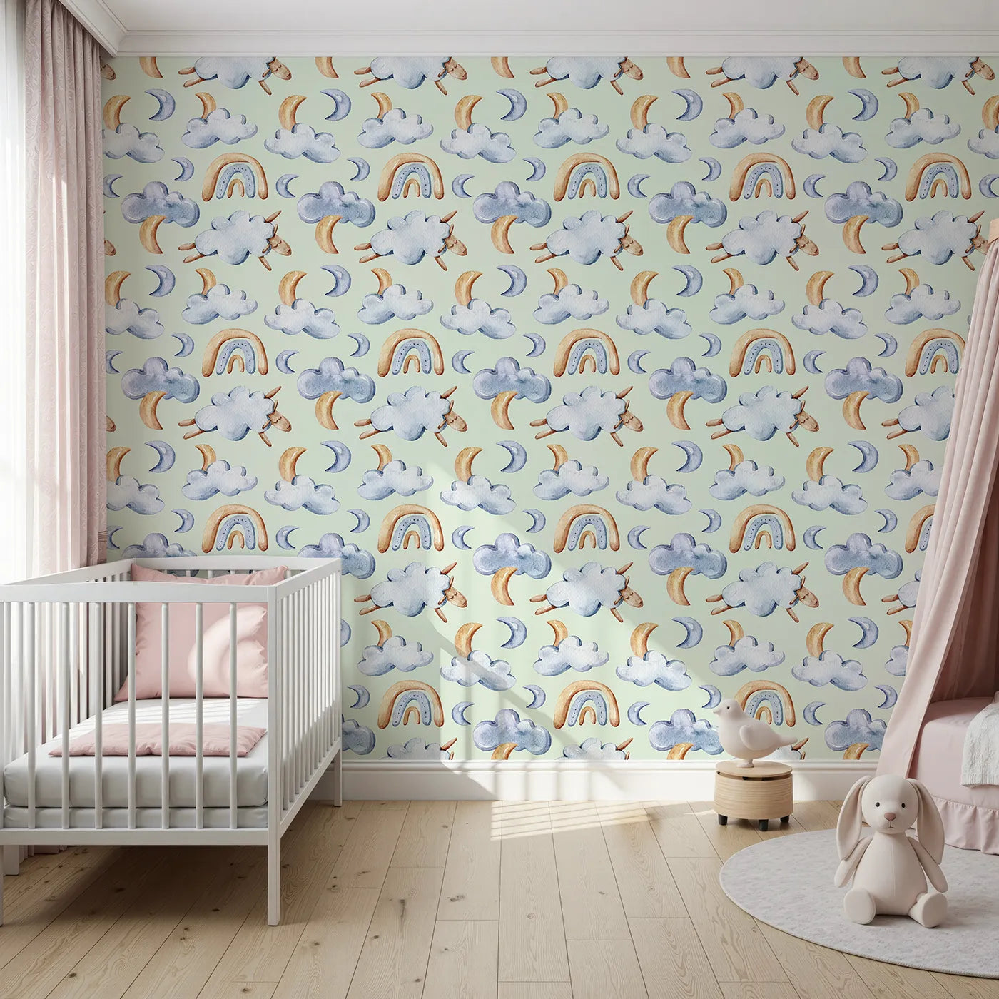 Front view of Whimsy Tots' Sleepy Cloud Parade Wallpaper in Mint Green