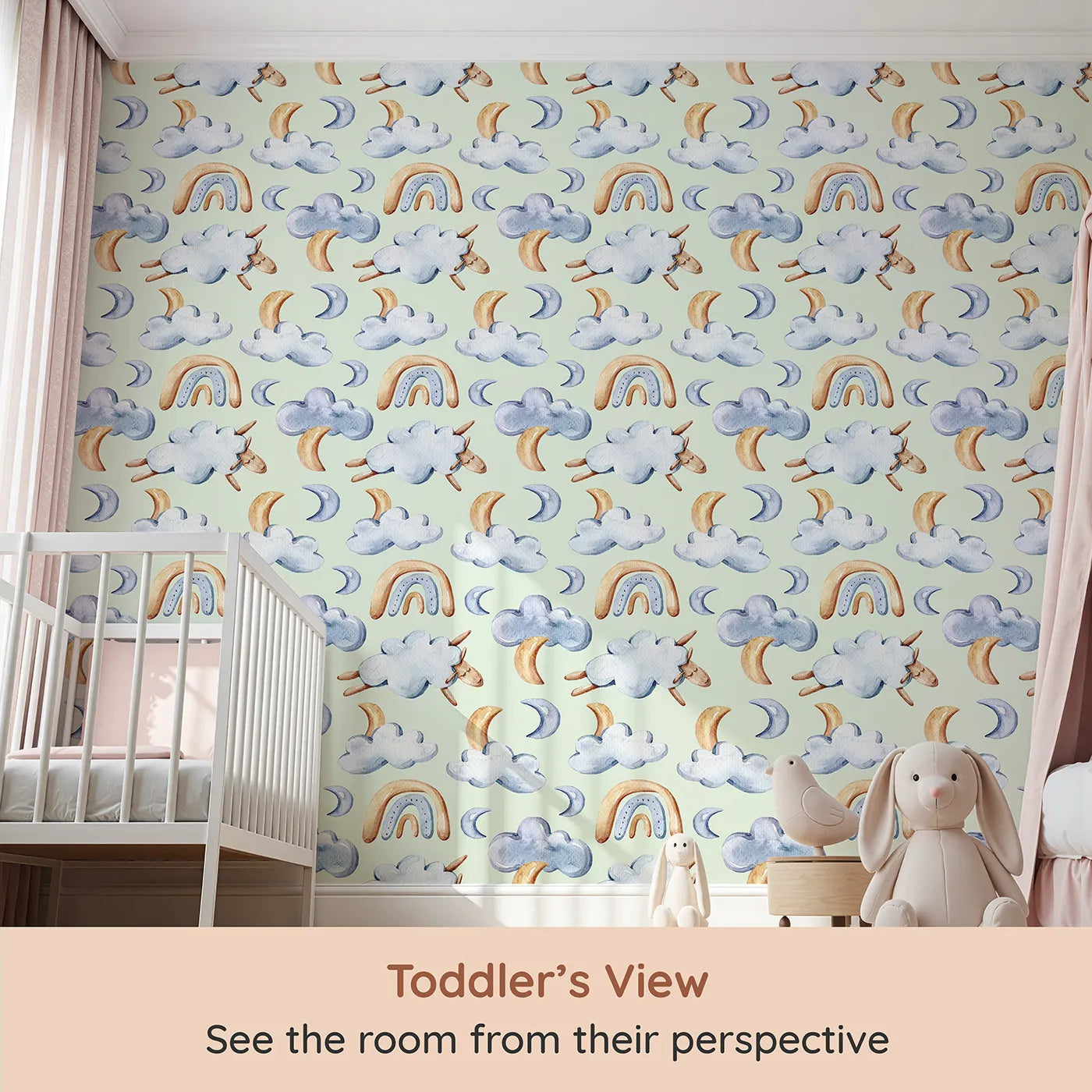 Whimsy Tots Sleepy Cloud Parade Wallpaper in Mint Green (W3422D) from your child's view.Minty skies float gently with sleepy sheep and dreamy clouds.