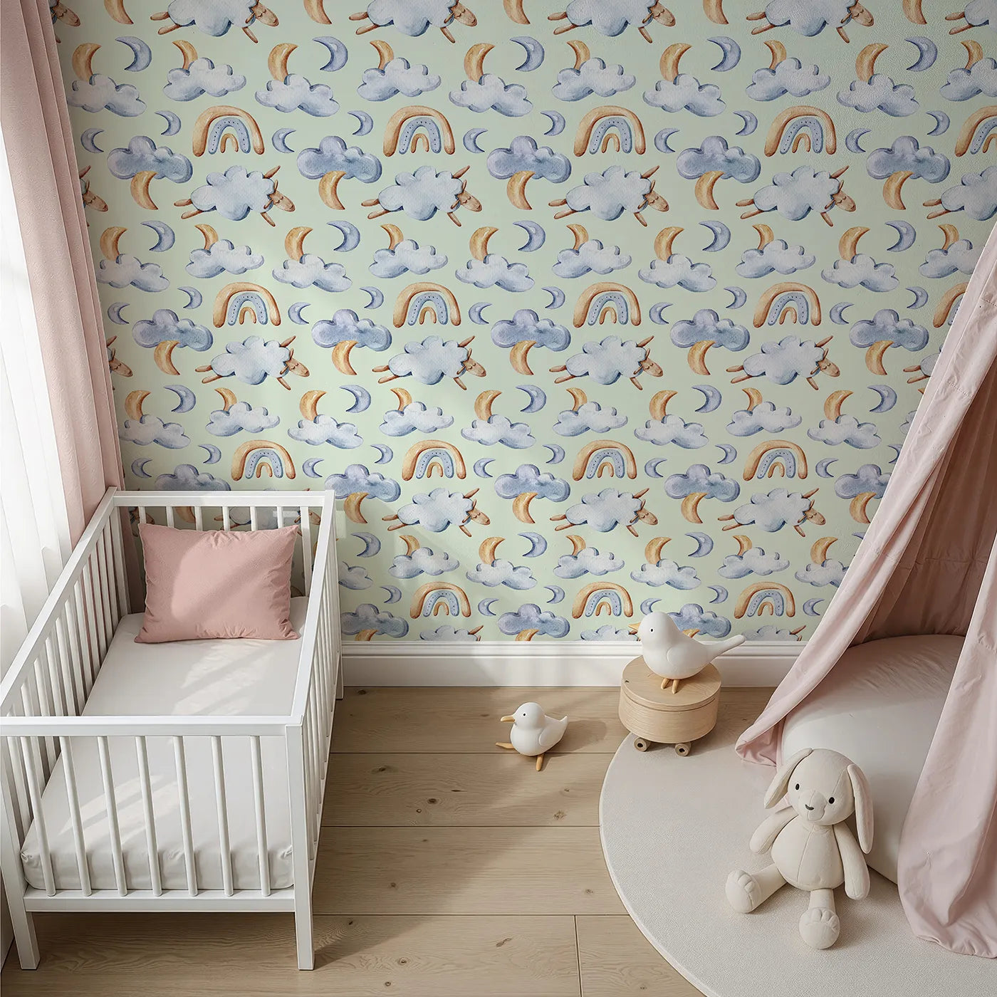Top-Down view of Whimsy Tots' Sleepy Cloud Parade Wallpaper in Mint Green (W3422D).Minty skies float gently with sleepy sheep and dreamy clouds.