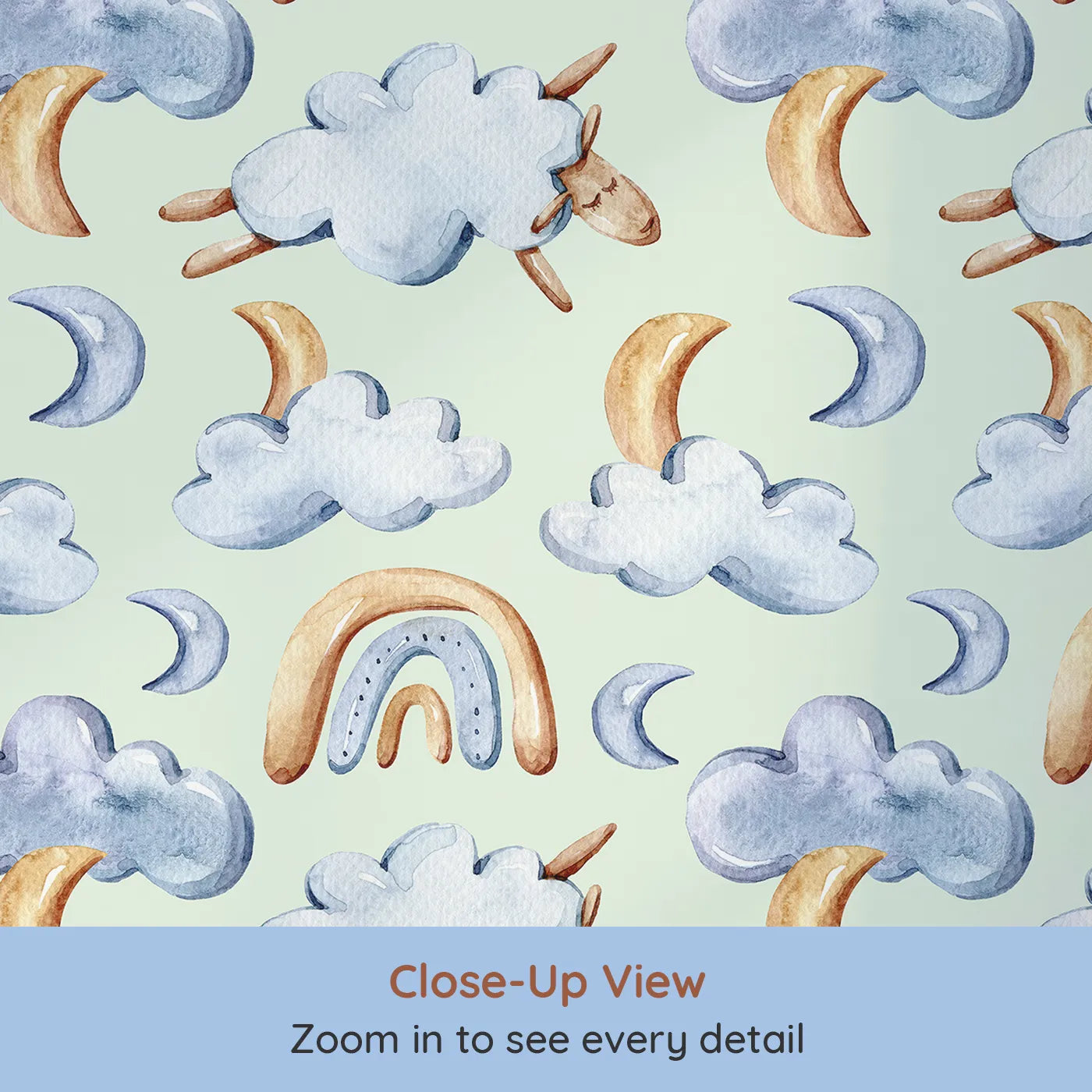 Close-up view of Whimsy Tots' Sleepy Cloud Parade Wallpaper in Mint Green (W3422D).Minty skies float gently with sleepy sheep and dreamy clouds.