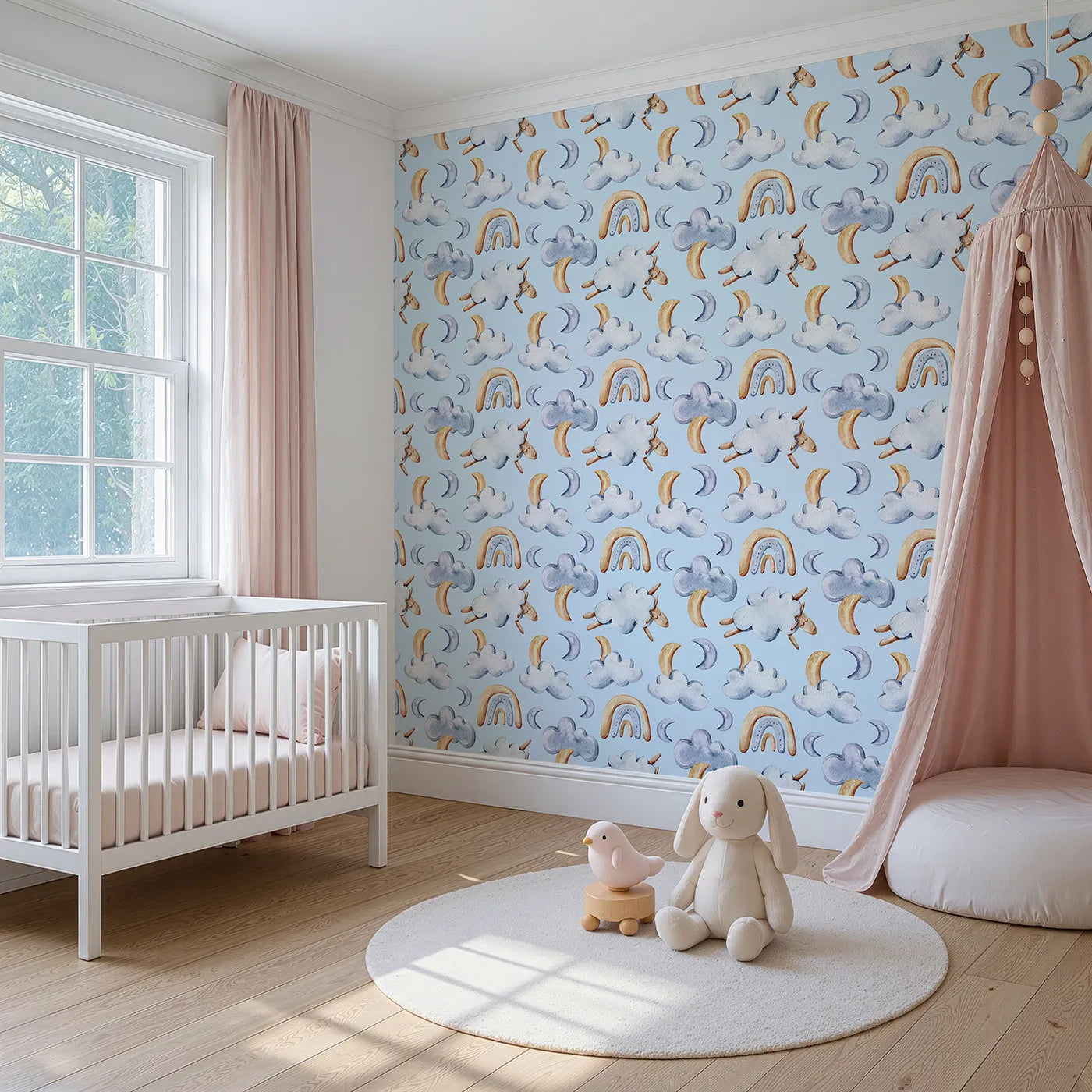 Angled view of Whimsy Tots' Sleepy Cloud Parade Wallpaper in Blue (W3422E).Soothing blue skies cradle clouds, moons, and sleepy friends.
