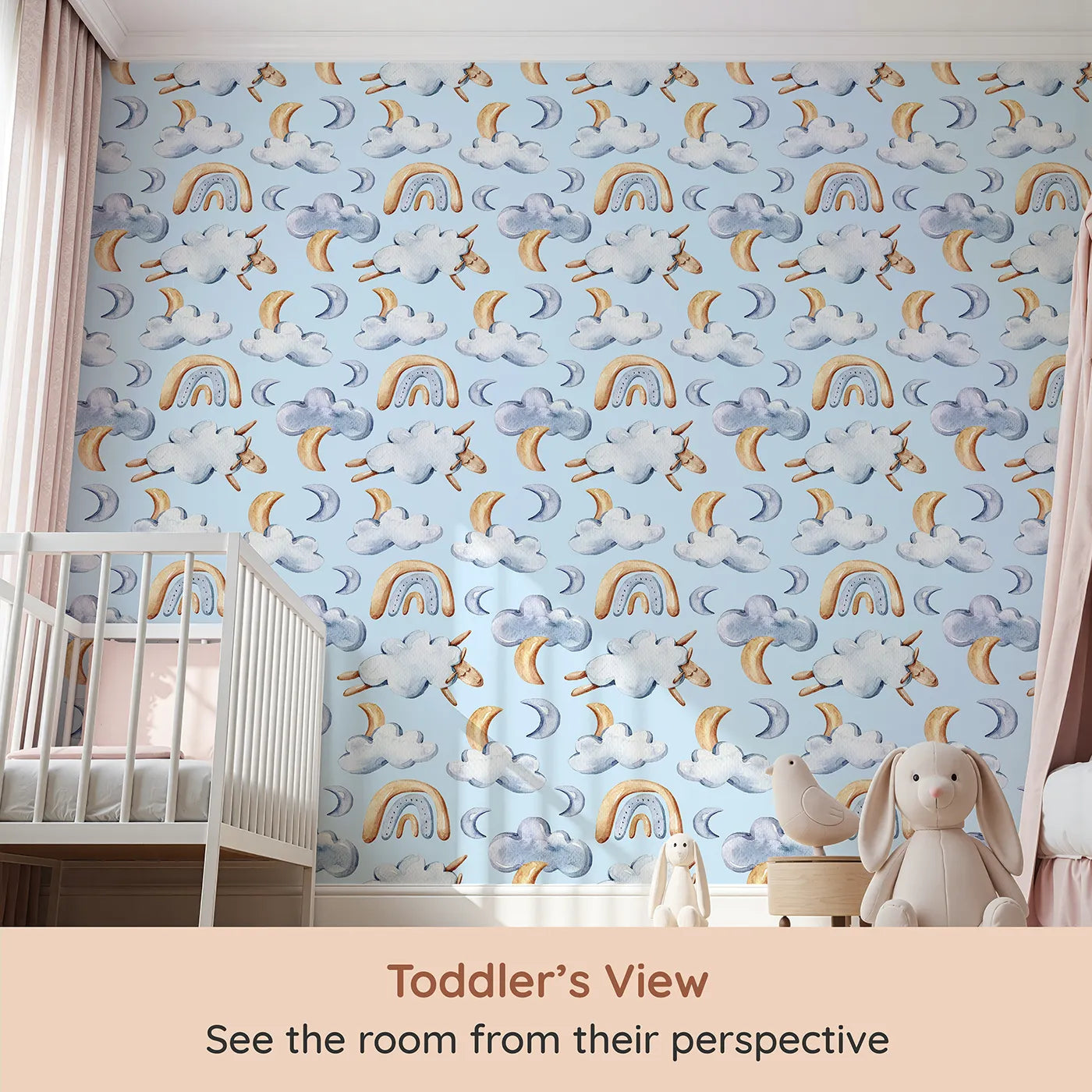 Whimsy Tots Sleepy Cloud Parade Wallpaper in Blue (W3422E) from your child's view.Soothing blue skies cradle clouds, moons, and sleepy friends.
