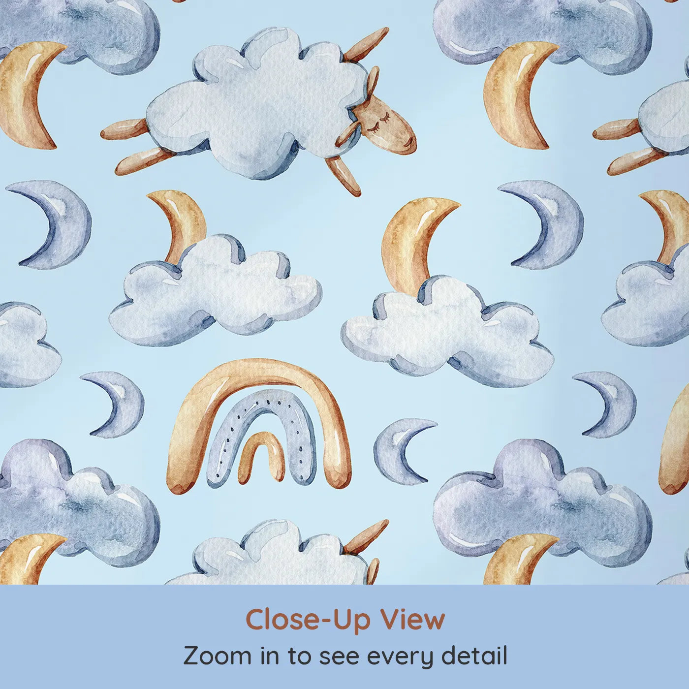 Close-up view of Whimsy Tots' Sleepy Cloud Parade Wallpaper in Blue (W3422E).Soothing blue skies cradle clouds, moons, and sleepy friends.