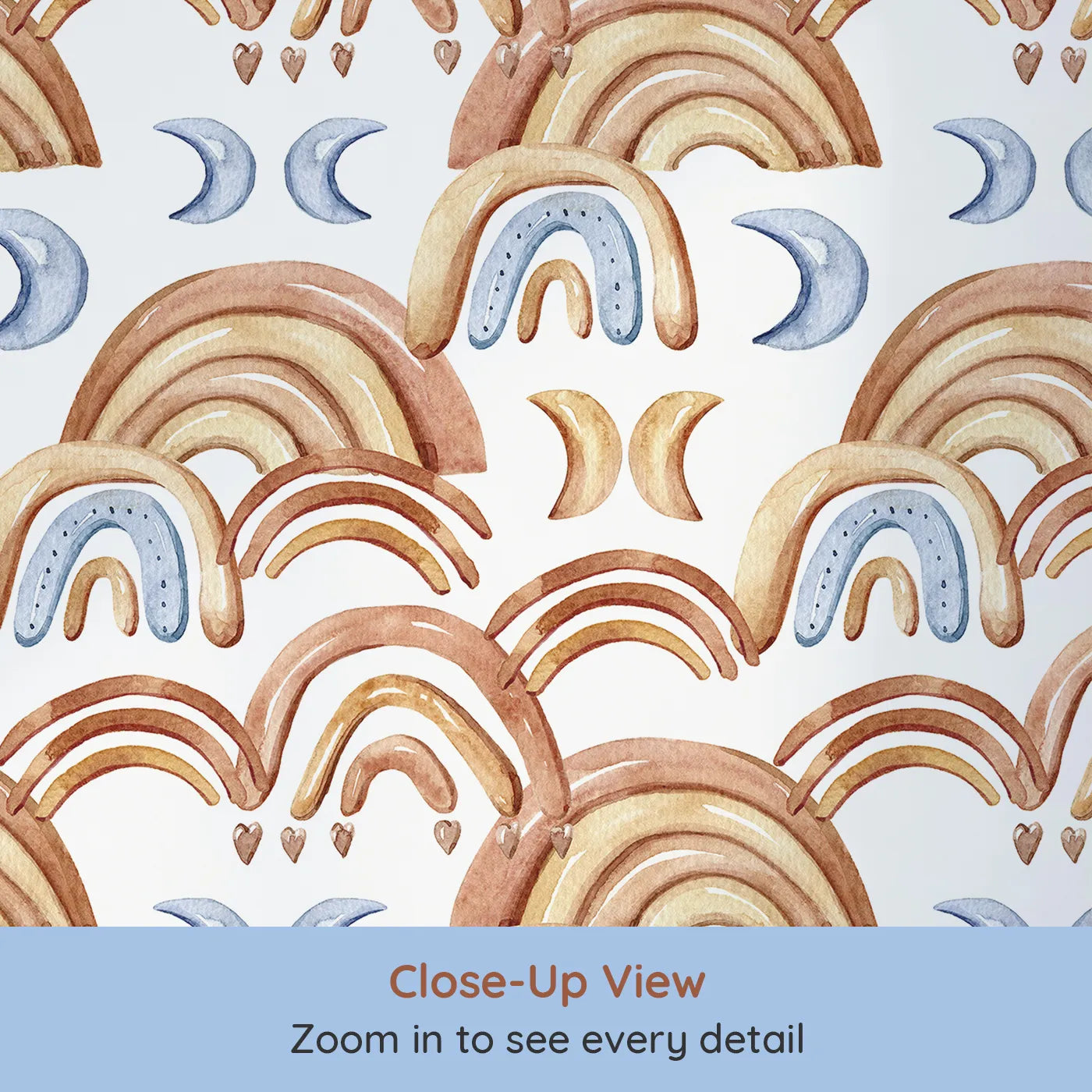 Close-up view of Whimsy Tots' Boho Rainbow Night Wallpaper in White (W3423A).Earthy rainbows and sleepy moons dance across a calming white sky.