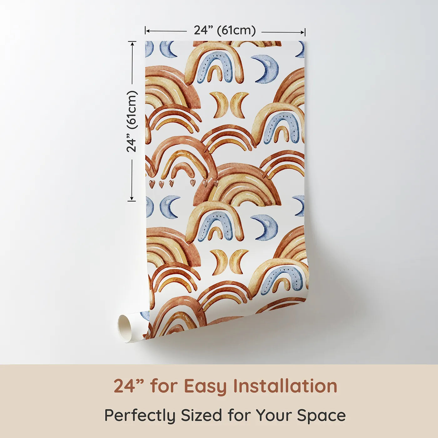 Dimension view of Whimsy Tots Boho Rainbow Night Wallpaper in White (W3423A). Printed in 24-inch-wide panel for easy installation. Earthy rainbows and sleepy moons dance across a calming white sky.