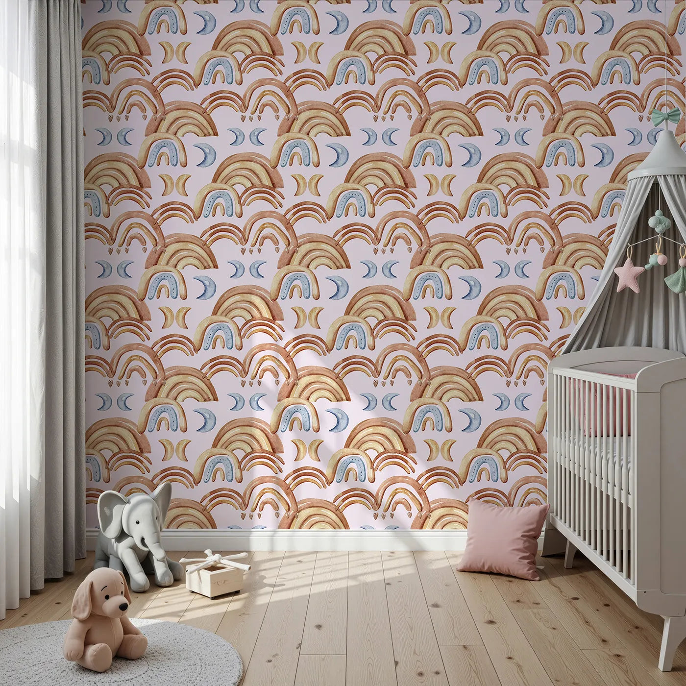 Front view of Whimsy Tots' Boho Rainbow Night Wallpaper in Blush Pink