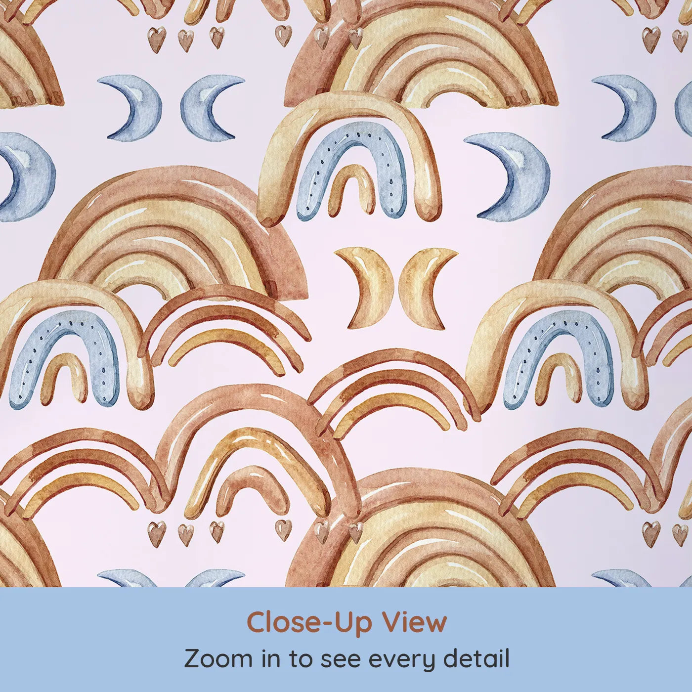 Close-up view of Whimsy Tots' Boho Rainbow Night Wallpaper in Blush Pink (W3423B).Terracotta rainbows and soft moons float across a pastel pink sky.