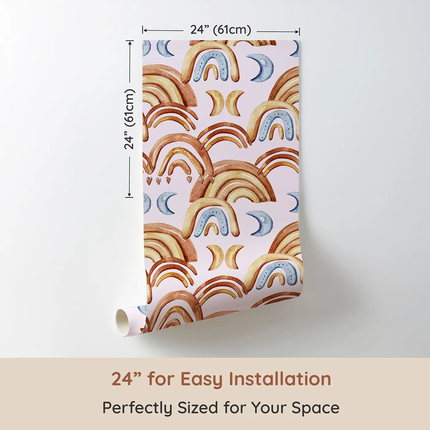 Dimension view of Whimsy Tots Boho Rainbow Night Wallpaper in Blush Pink (W3423B). Printed in 24-inch-wide panel for easy installation. Terracotta rainbows and soft moons float across a pastel pink sky.