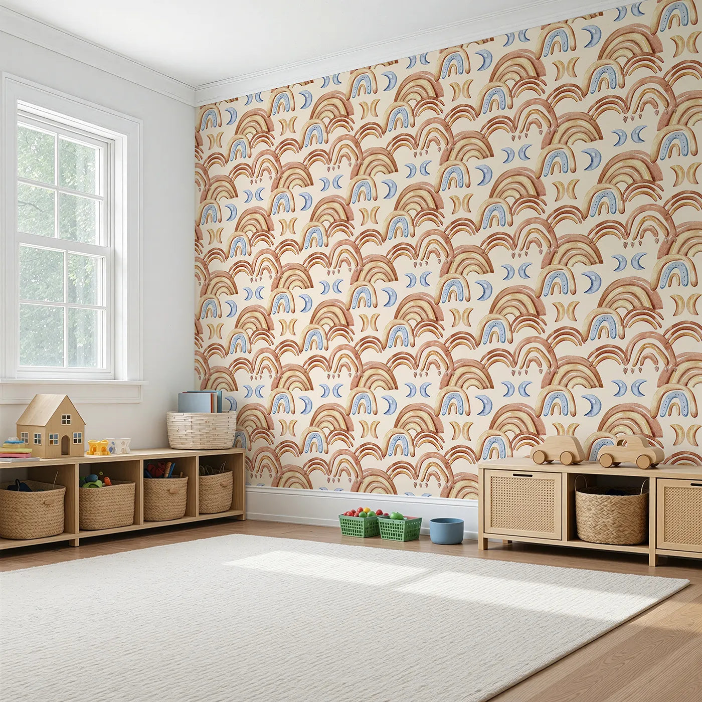 Angled view of Whimsy Tots' Boho Rainbow Night Wallpaper in Sand (W3423C).Warm earth-toned rainbows and crescent moons drift across a soft sand sky.