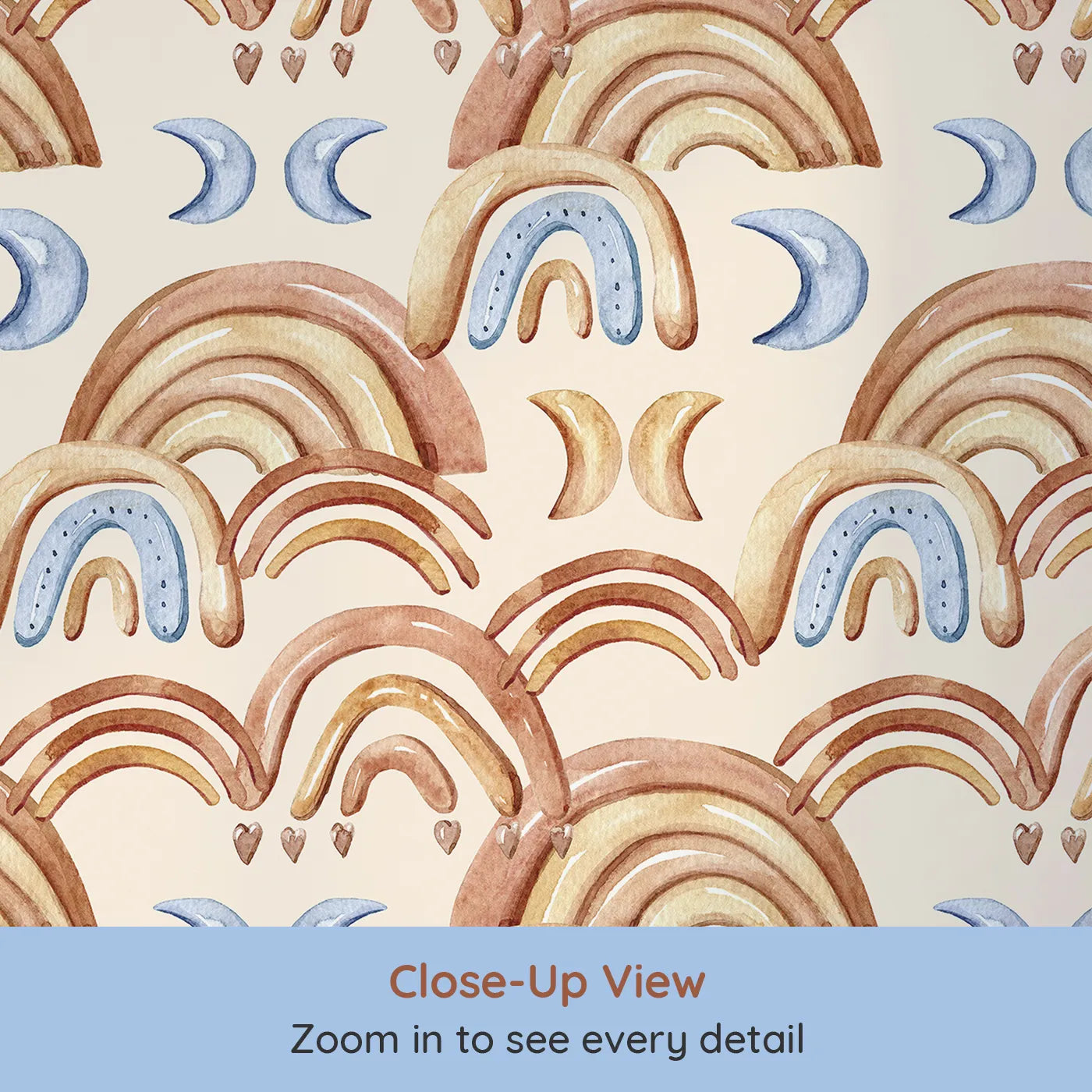 Close-up view of Whimsy Tots' Boho Rainbow Night Wallpaper in Sand (W3423C).Warm earth-toned rainbows and crescent moons drift across a soft sand sky.