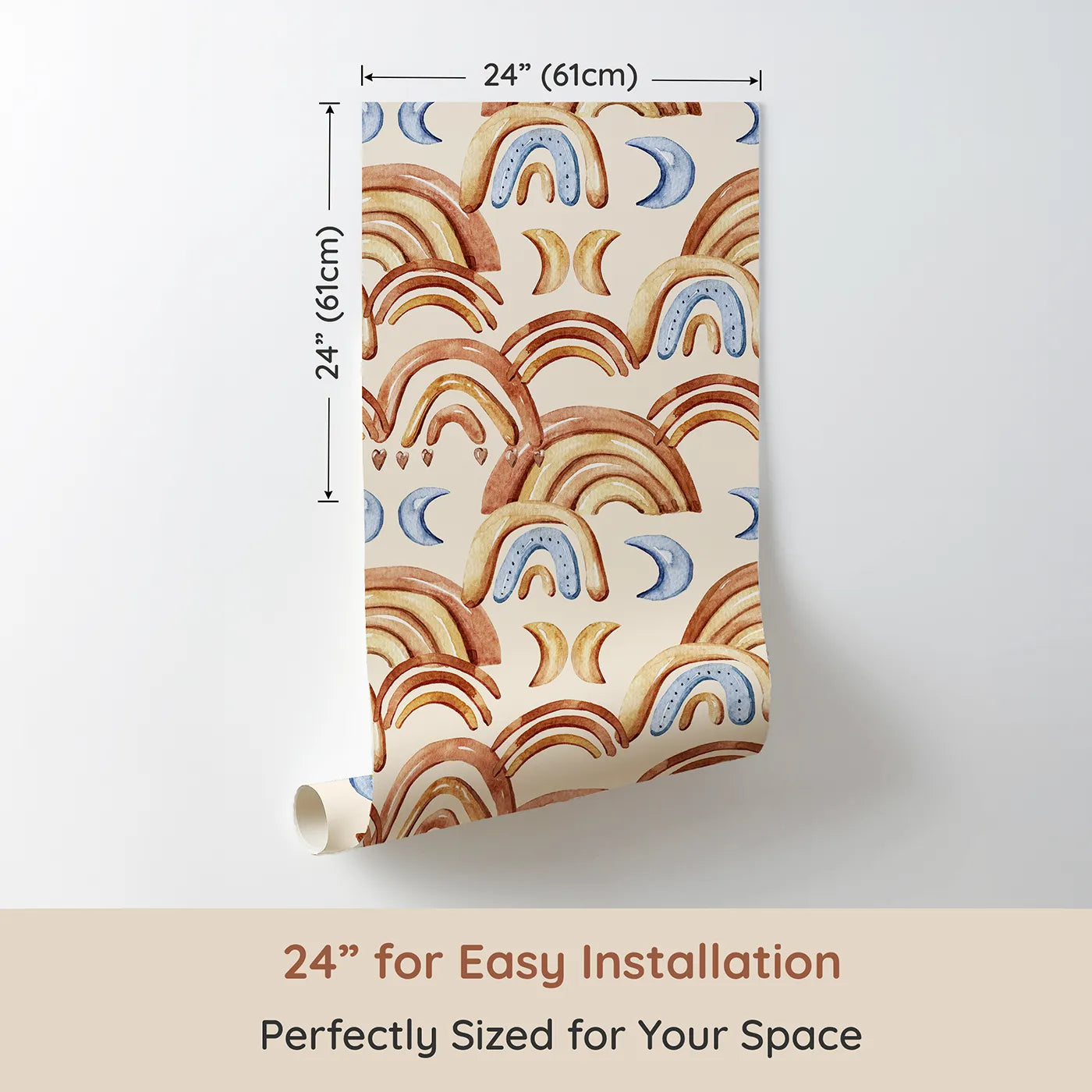 Dimension view of Whimsy Tots Boho Rainbow Night Wallpaper in Sand (W3423C). Printed in 24-inch-wide panel for easy installation. Warm earth-toned rainbows and crescent moons drift across a soft sand sky.