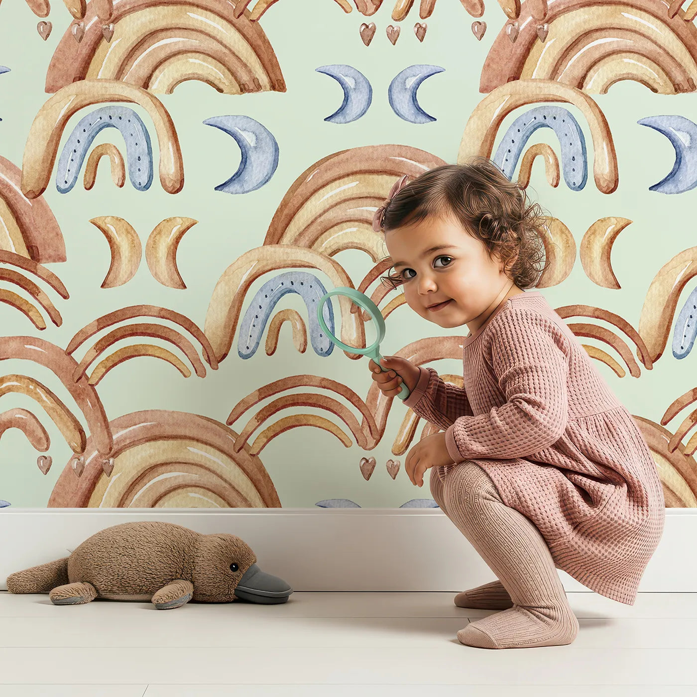 Lovely child standing in front of Whimsy Tots Boho Rainbow Night Wallpaper in Mint Green with rainbow, moon, heart, arch in design.