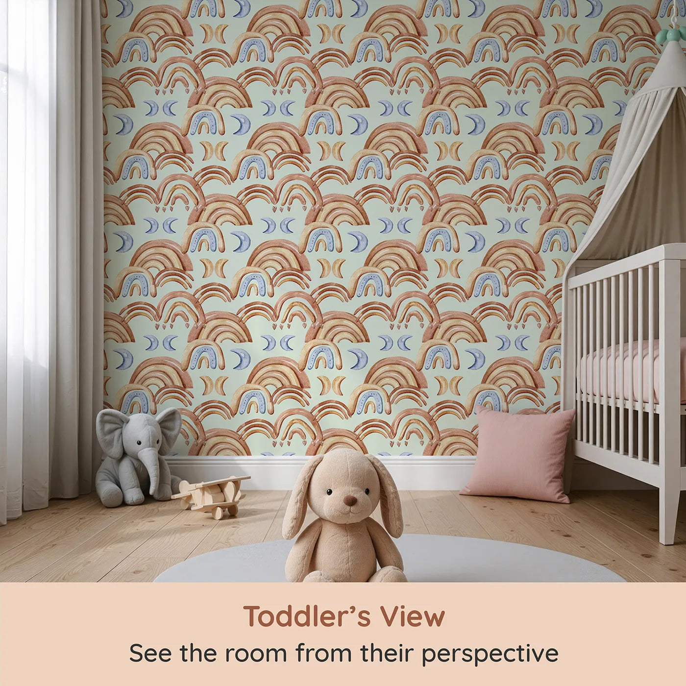 Whimsy Tots Boho Rainbow Night Wallpaper in Mint Green (W3423D) from your child's view.Cool mint skies carry earthy rainbows and dreamy moons.
