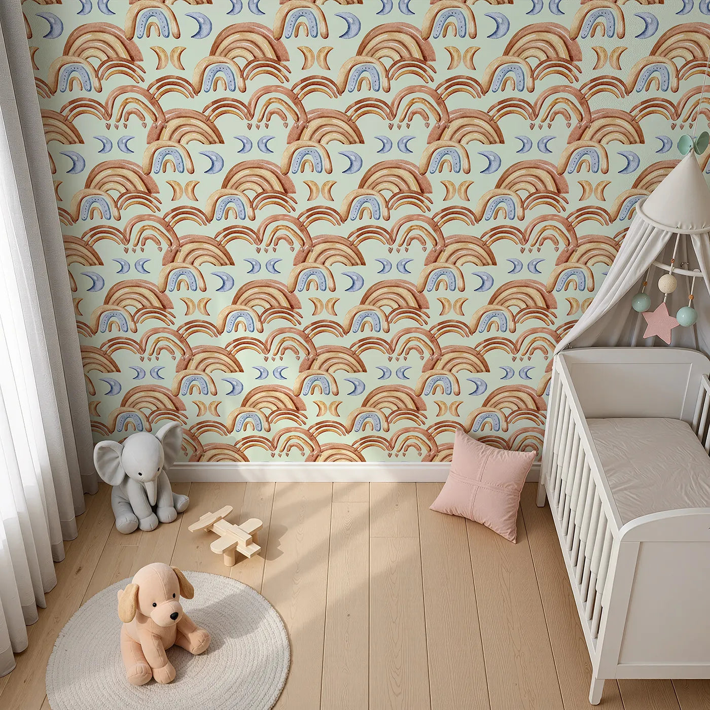 Top-Down view of Whimsy Tots' Boho Rainbow Night Wallpaper in Mint Green (W3423D).Cool mint skies carry earthy rainbows and dreamy moons.