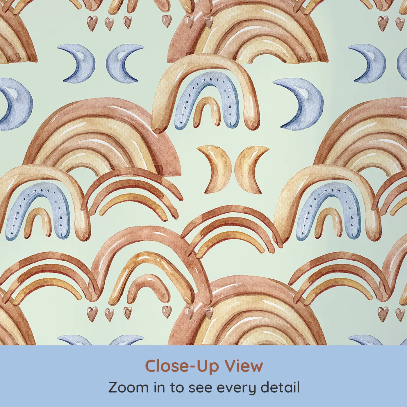 Close-up view of Whimsy Tots' Boho Rainbow Night Wallpaper in Mint Green (W3423D).Cool mint skies carry earthy rainbows and dreamy moons.