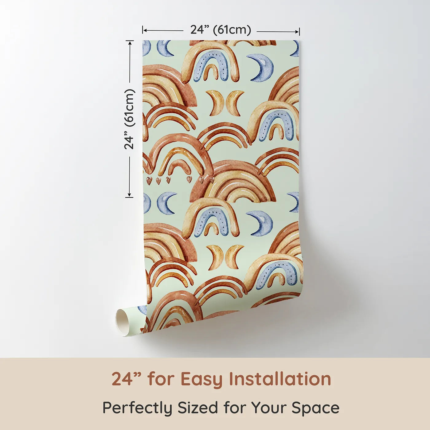 Dimension view of Whimsy Tots Boho Rainbow Night Wallpaper in Mint Green (W3423D). Printed in 24-inch-wide panel for easy installation. Cool mint skies carry earthy rainbows and dreamy moons.