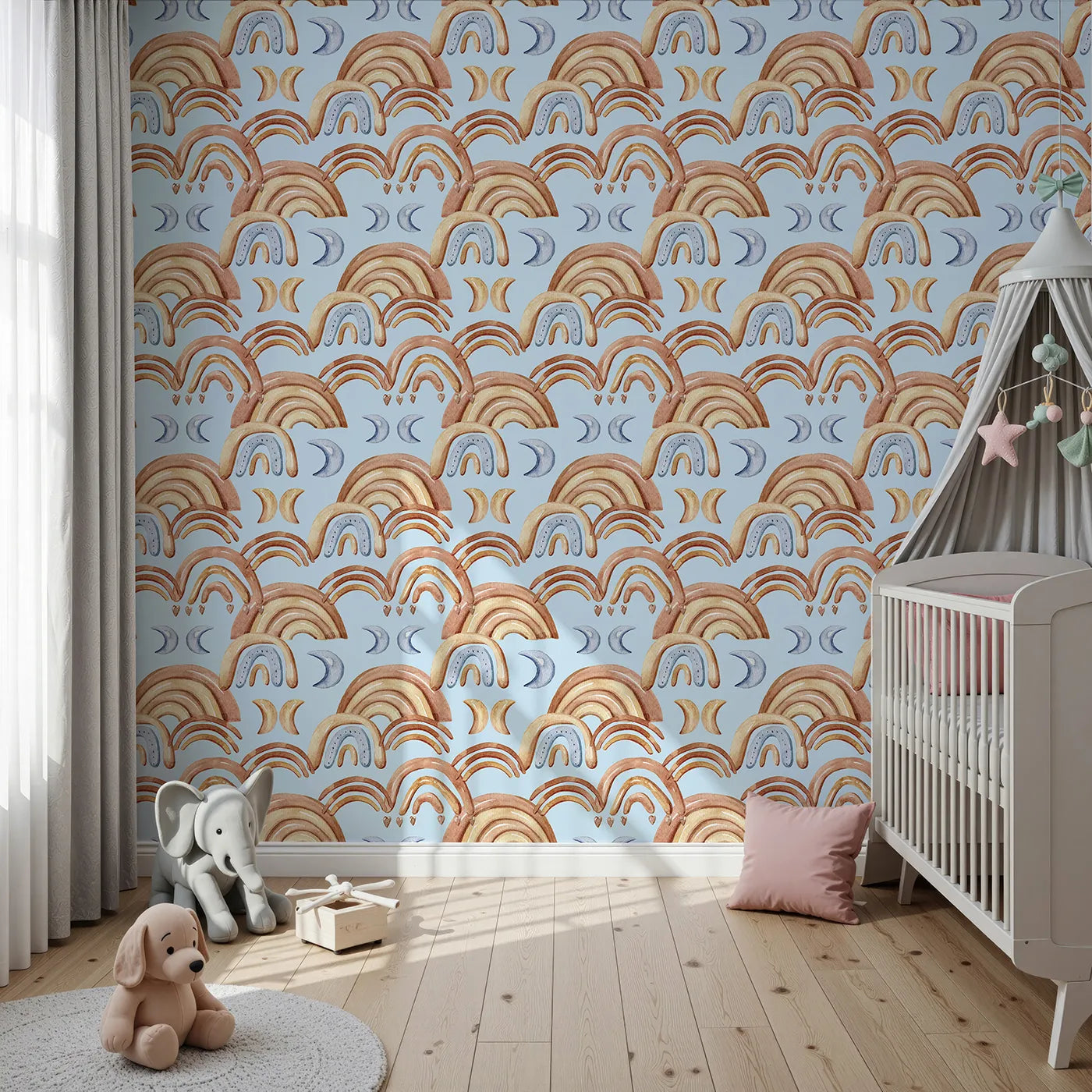 Front view of Whimsy Tots' Boho Rainbow Night Wallpaper in Blue
