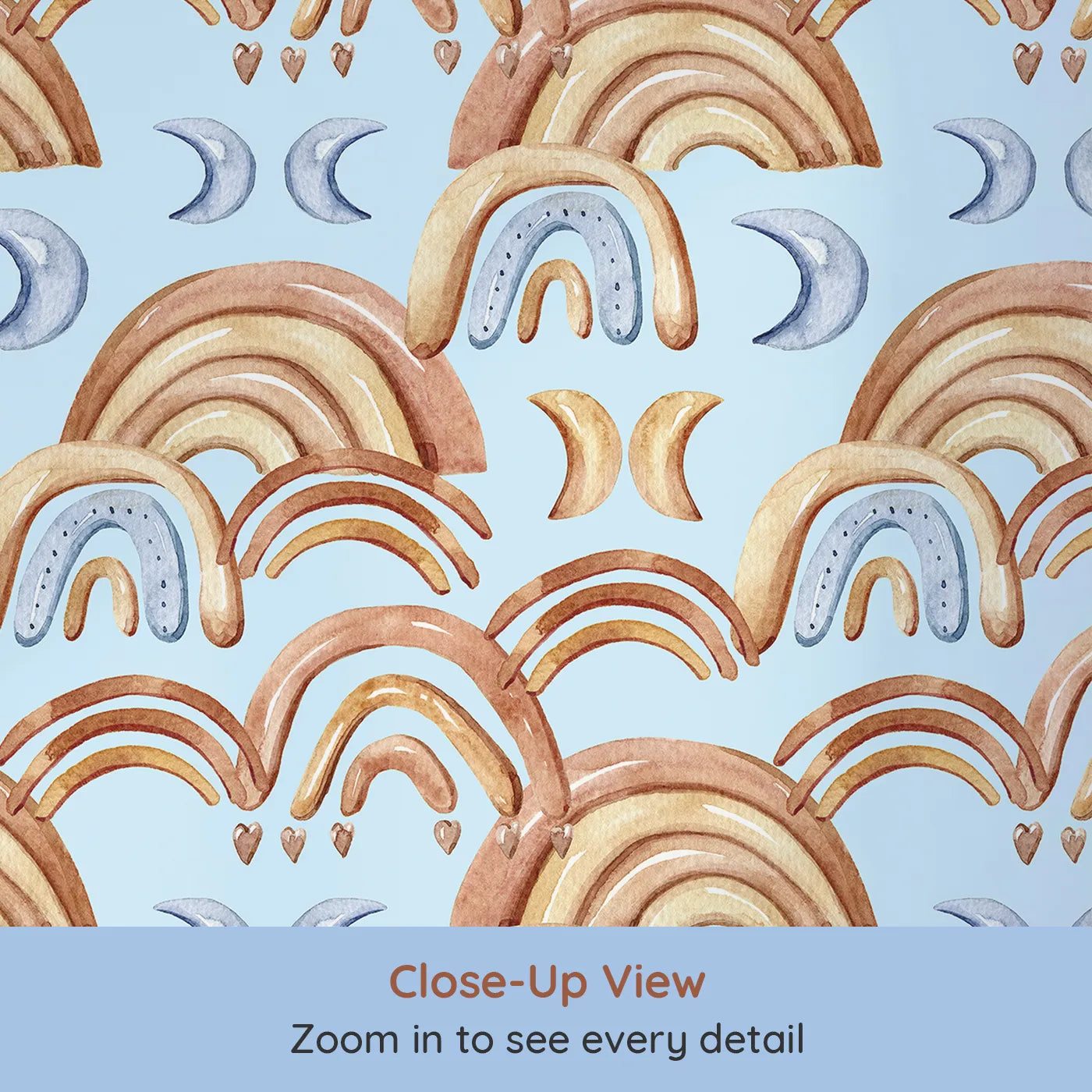 Close-up view of Whimsy Tots' Boho Rainbow Night Wallpaper in Blue (W3423E).Warm arches and cool moons drift across a soft blue sky.