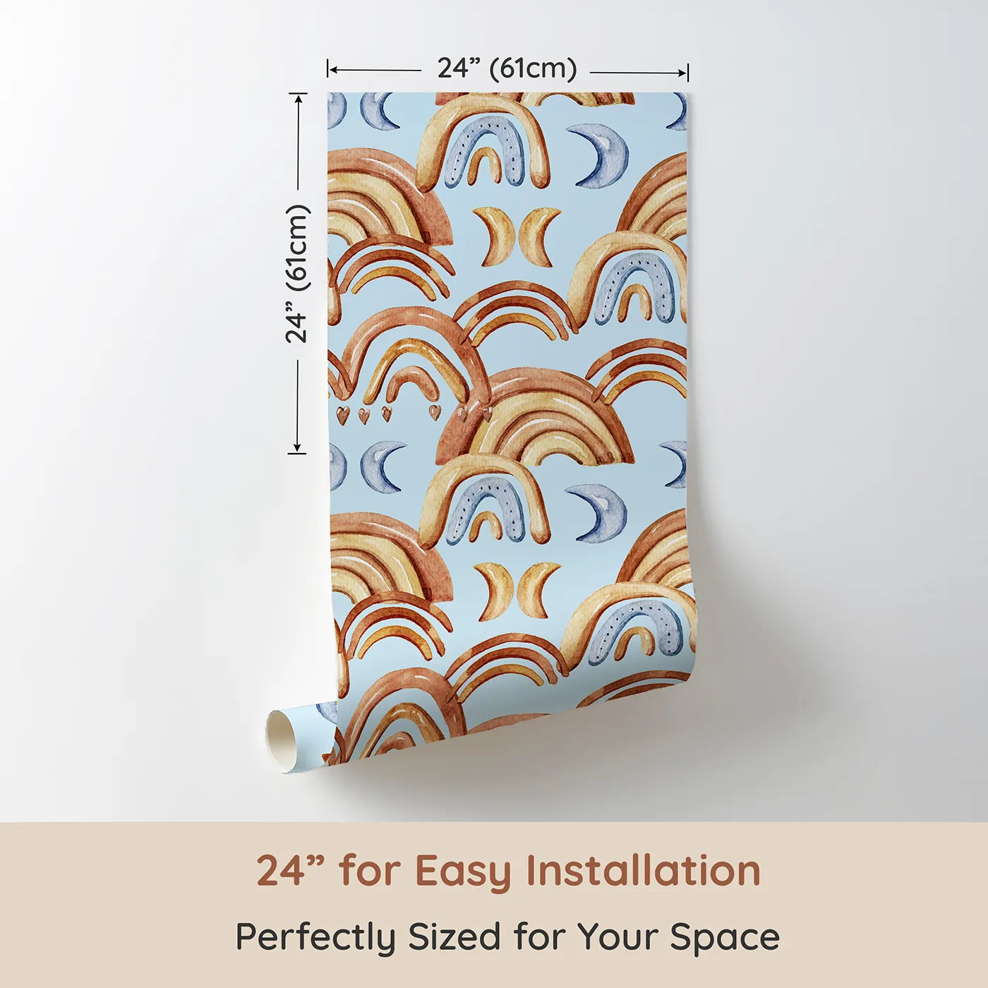 Dimension view of Whimsy Tots Boho Rainbow Night Wallpaper in Blue (W3423E). Printed in 24-inch-wide panel for easy installation. Warm arches and cool moons drift across a soft blue sky.