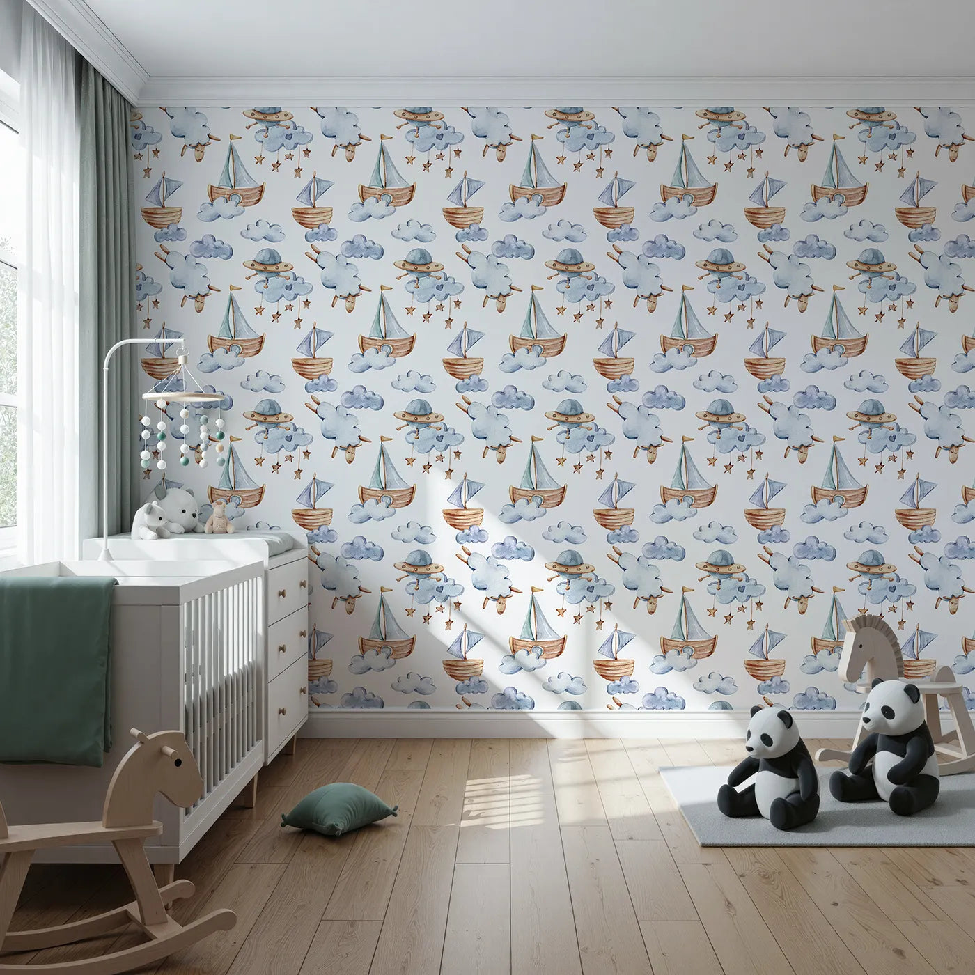 Front view of Whimsy Tots' Counting Clouds and Sailing Dreams Wallpaper in White
