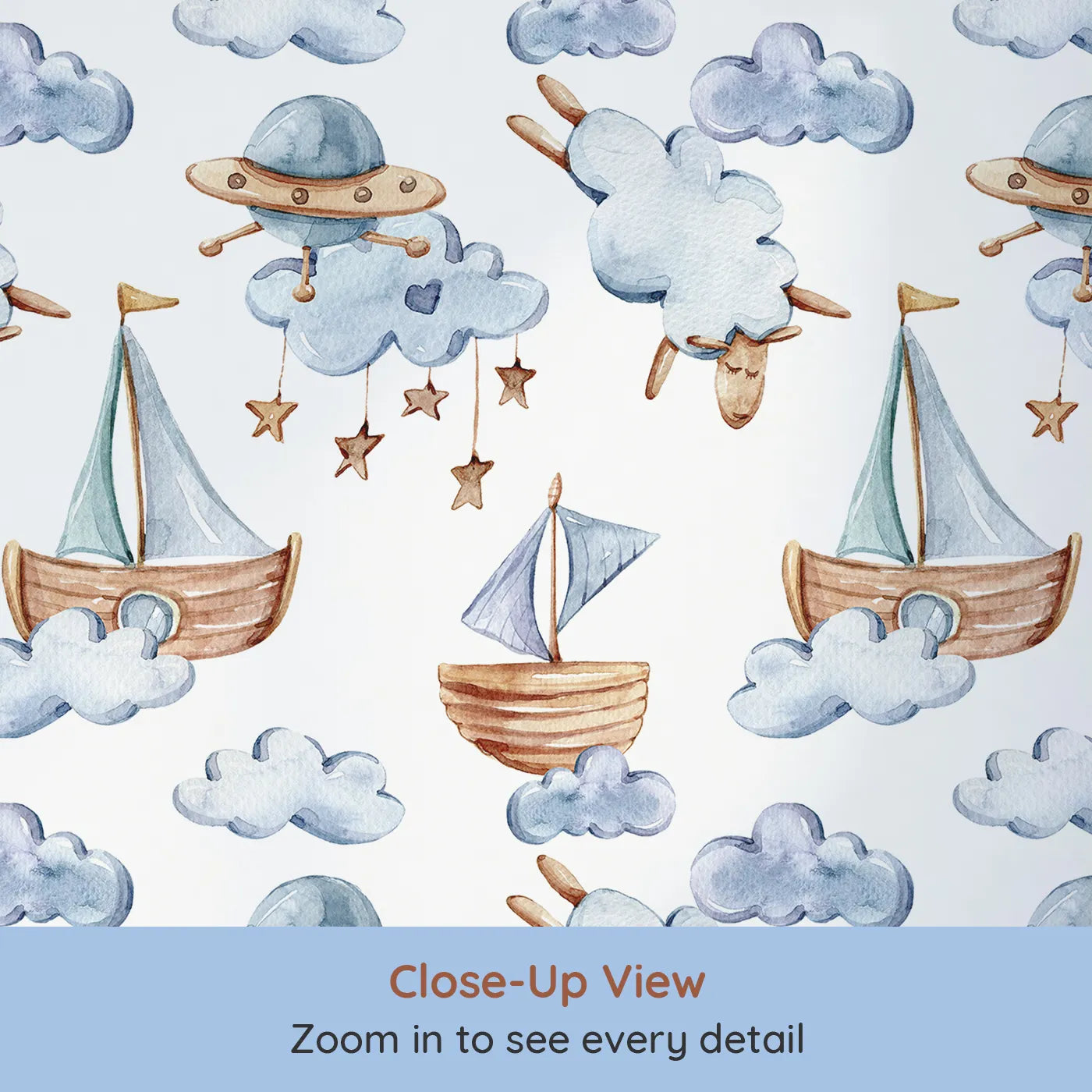 Close-up view of Whimsy Tots' Counting Clouds and Sailing Dreams Wallpaper in White (W3424A).Sailing boats, sleepy sheep, and star mobiles float through dreamy clouds.