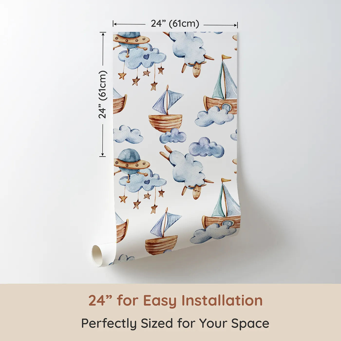 Dimension view of Whimsy Tots Counting Clouds and Sailing Dreams Wallpaper in White (W3424A). Printed in 24-inch-wide panel for easy installation. Sailing boats, sleepy sheep, and star mobiles float through dreamy clouds.