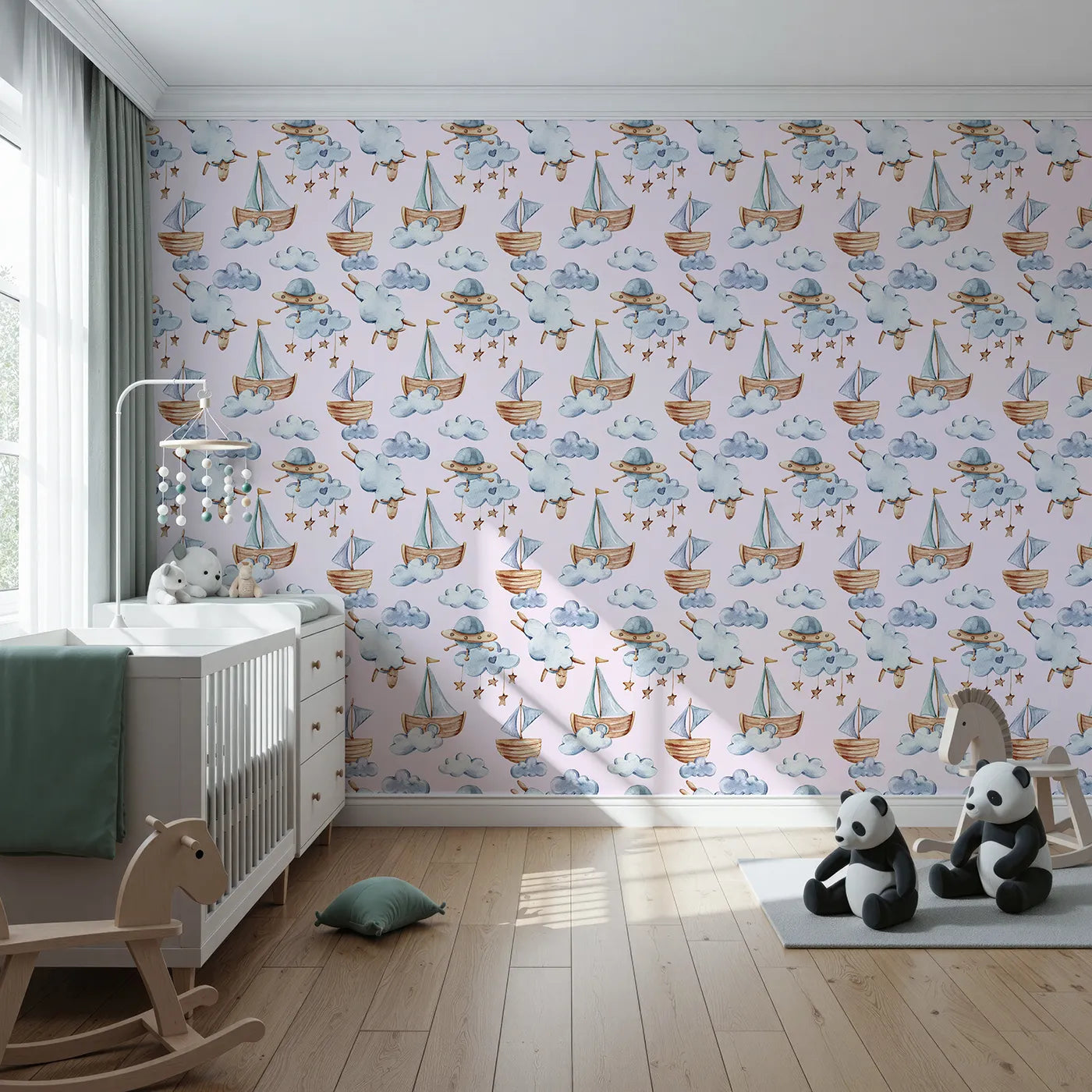 Front view of Whimsy Tots' Counting Clouds and Sailing Dreams Wallpaper in Blush Pink