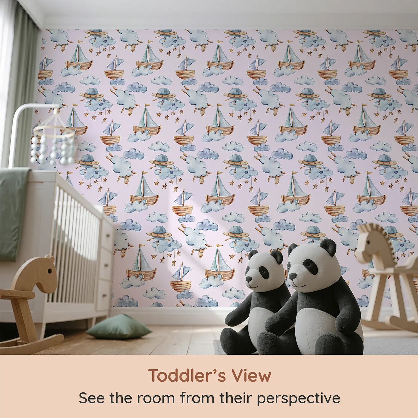 Whimsy Tots Counting Clouds and Sailing Dreams Wallpaper in Blush Pink (W3424B) from your child's view.Watercolor ships and fluffy sheep float through a pastel pink sky.