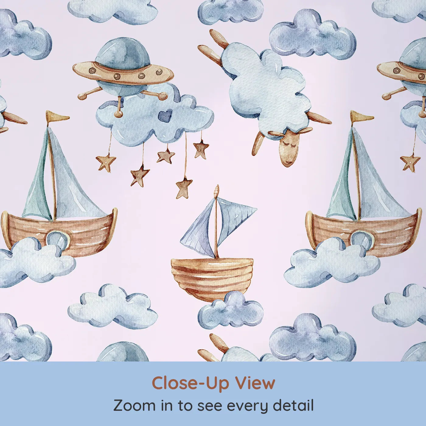 Close-up view of Whimsy Tots' Counting Clouds and Sailing Dreams Wallpaper in Blush Pink (W3424B).Watercolor ships and fluffy sheep float through a pastel pink sky.