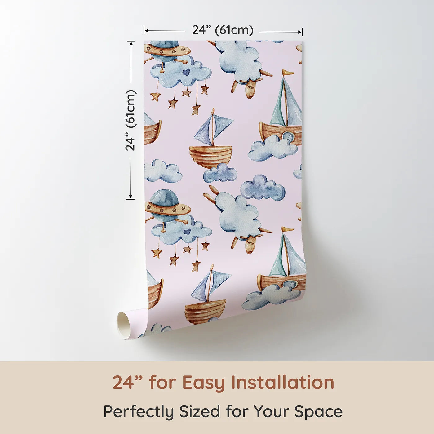Dimension view of Whimsy Tots Counting Clouds and Sailing Dreams Wallpaper in Blush Pink (W3424B). Printed in 24-inch-wide panel for easy installation. Watercolor ships and fluffy sheep float through a pastel pink sky.