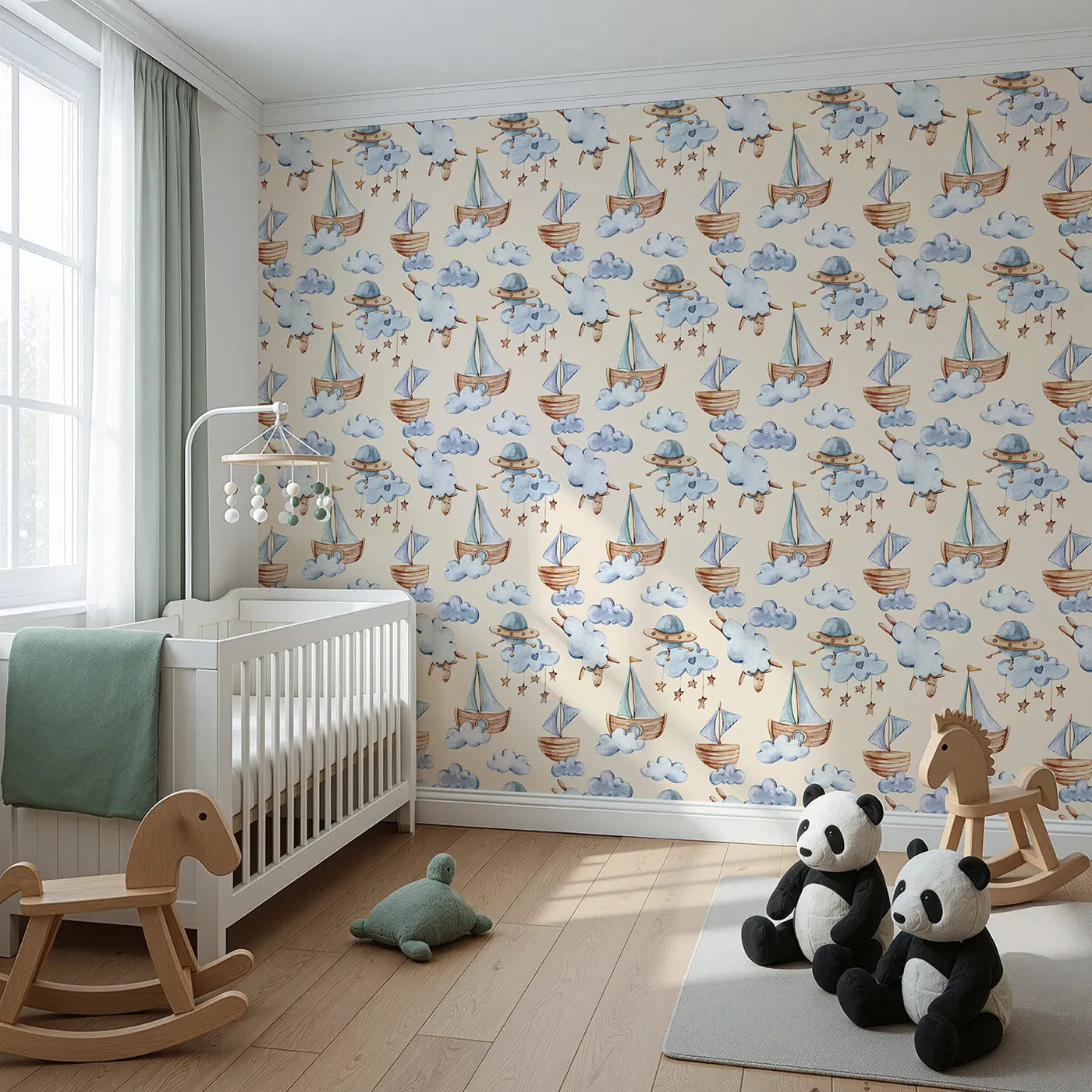 Angled view of Whimsy Tots' Counting Clouds and Sailing Dreams Wallpaper in Sand (W3424C).Wooden ships, sleepy sheep, and star mobiles sail through a warm sand sky.