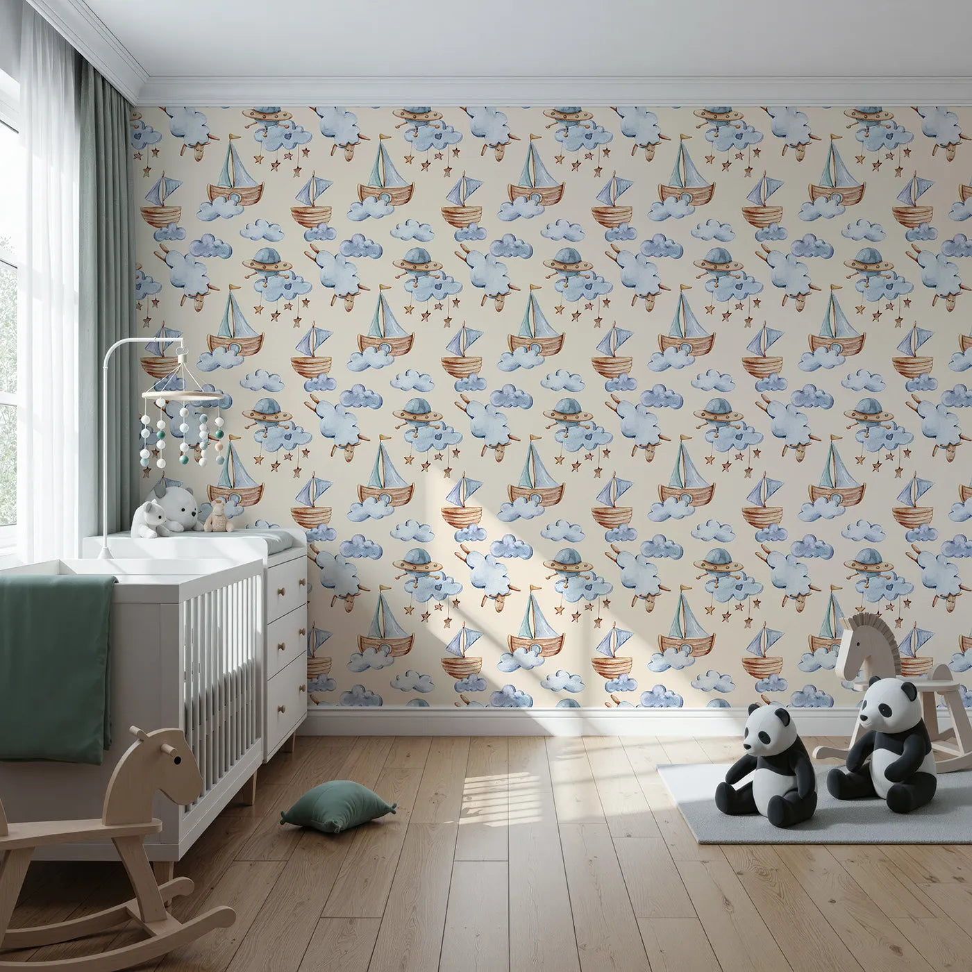 Front view of Whimsy Tots' Counting Clouds and Sailing Dreams Wallpaper in Sand