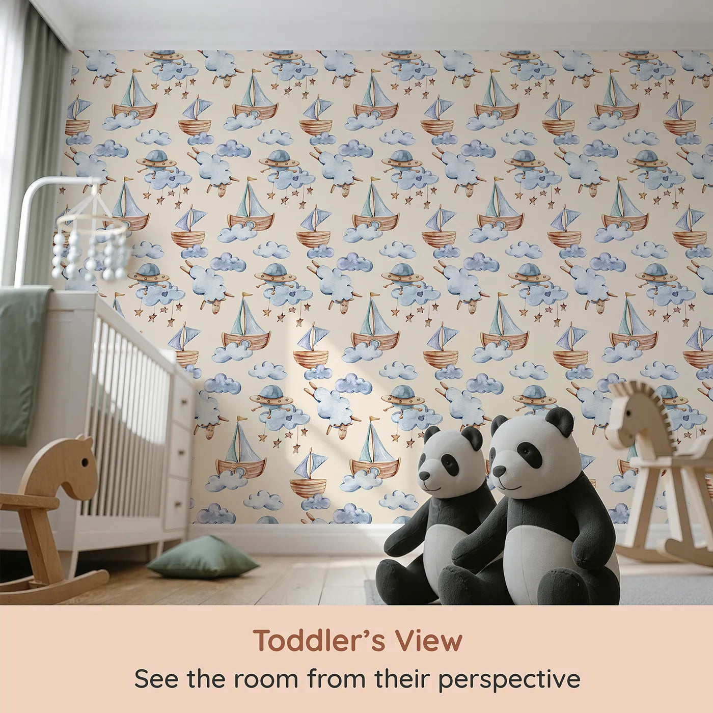 Whimsy Tots Counting Clouds and Sailing Dreams Wallpaper in Sand (W3424C) from your child's view.Wooden ships, sleepy sheep, and star mobiles sail through a warm sand sky.