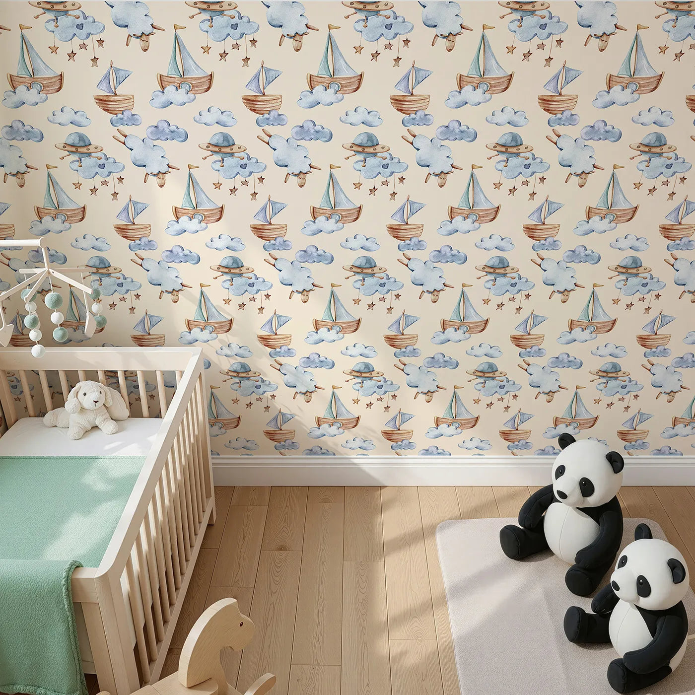 Top-Down view of Whimsy Tots' Counting Clouds and Sailing Dreams Wallpaper in Sand (W3424C).Wooden ships, sleepy sheep, and star mobiles sail through a warm sand sky.
