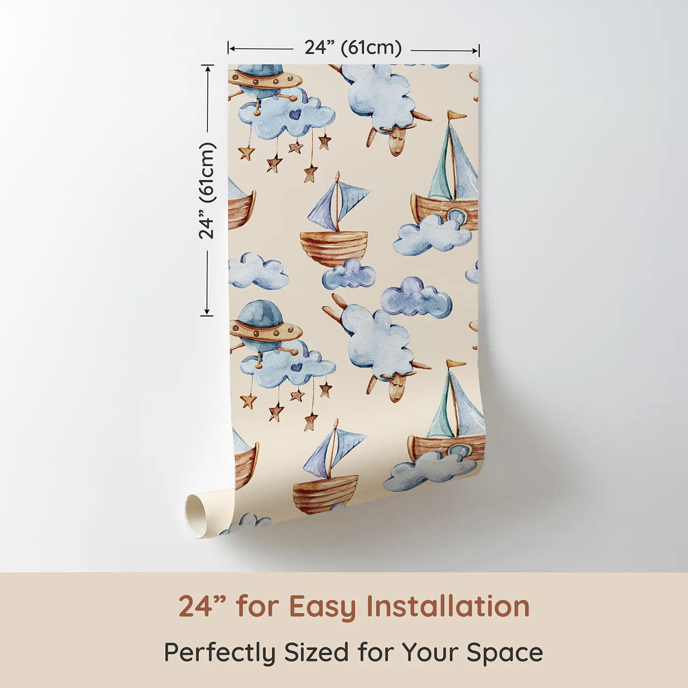 Dimension view of Whimsy Tots Counting Clouds and Sailing Dreams Wallpaper in Sand (W3424C). Printed in 24-inch-wide panel for easy installation. Wooden ships, sleepy sheep, and star mobiles sail through a warm sand sky.