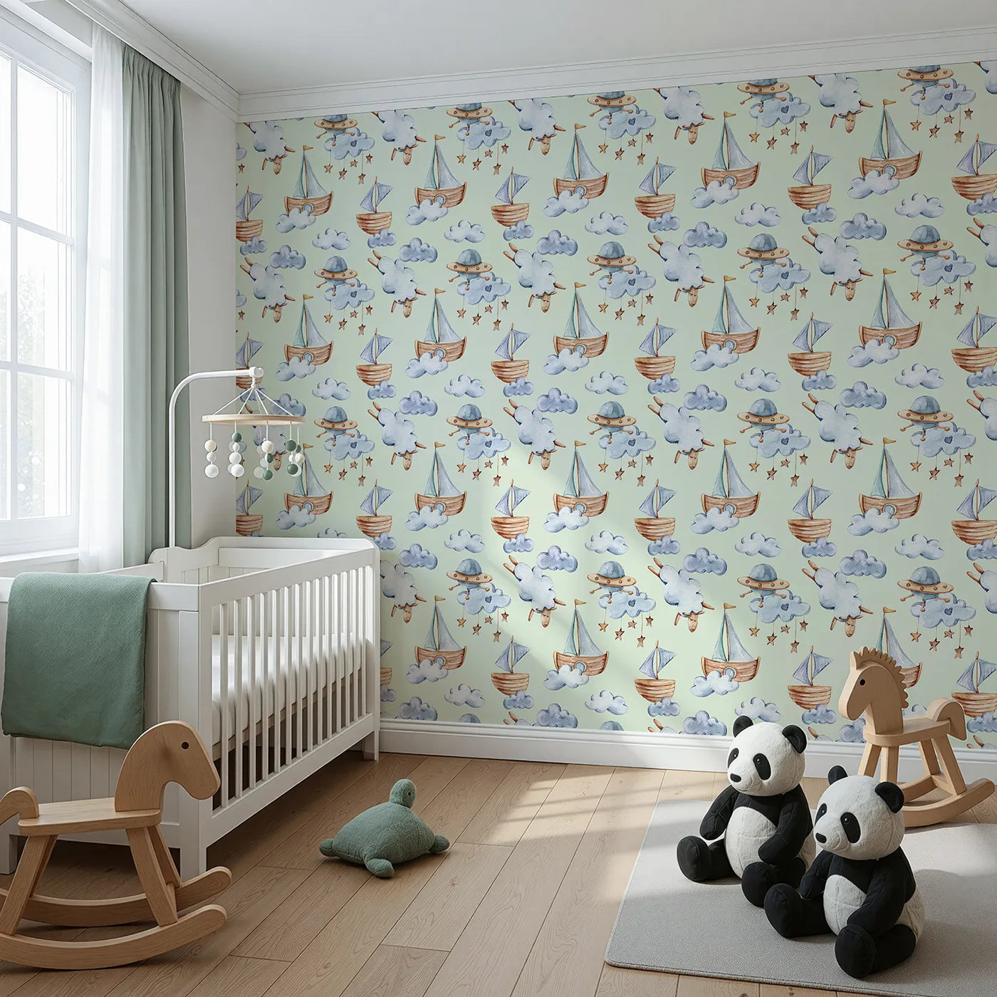 Angled view of Whimsy Tots' Counting Clouds and Sailing Dreams Wallpaper in Mint Green (W3424D).Wooden boats and dreaming sheep float through soft minty skies.
