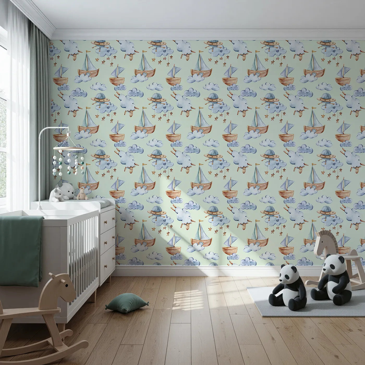 Front view of Whimsy Tots' Counting Clouds and Sailing Dreams Wallpaper in Mint Green