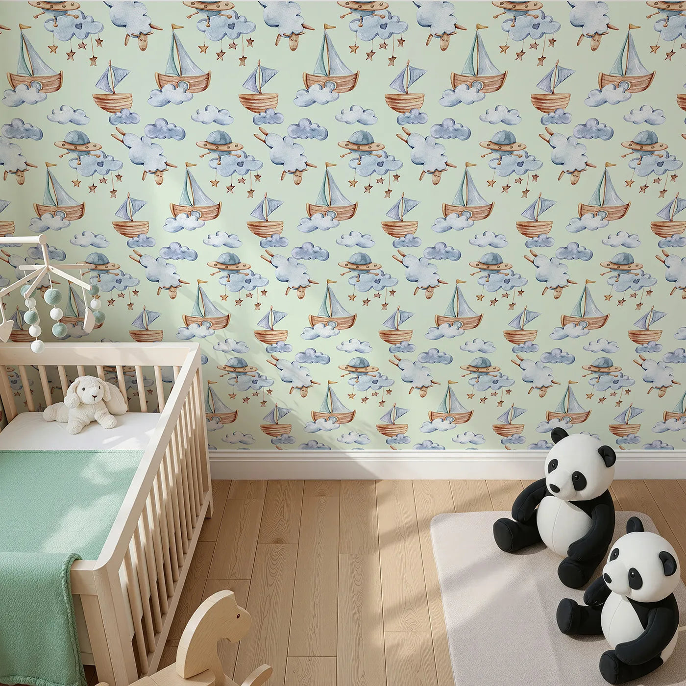 Top-Down view of Whimsy Tots' Counting Clouds and Sailing Dreams Wallpaper in Mint Green (W3424D).Wooden boats and dreaming sheep float through soft minty skies.