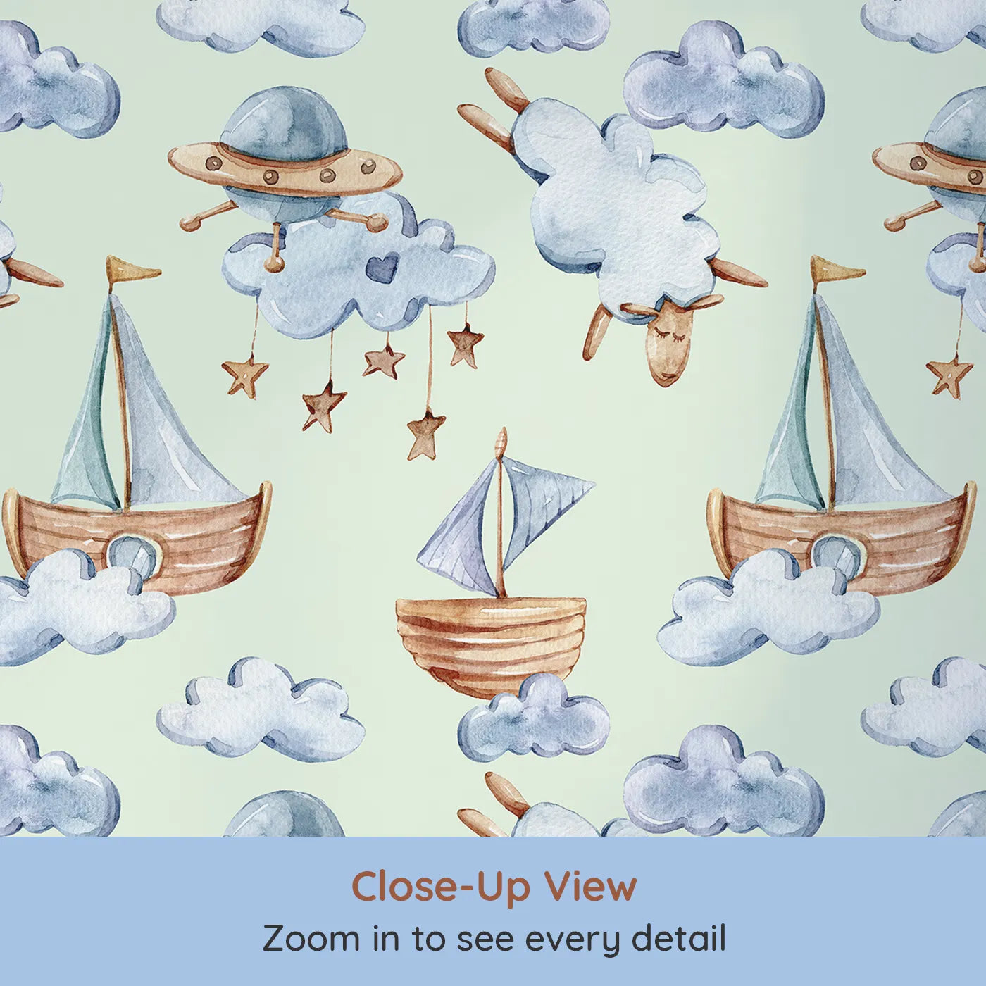 Close-up view of Whimsy Tots' Counting Clouds and Sailing Dreams Wallpaper in Mint Green (W3424D).Wooden boats and dreaming sheep float through soft minty skies.