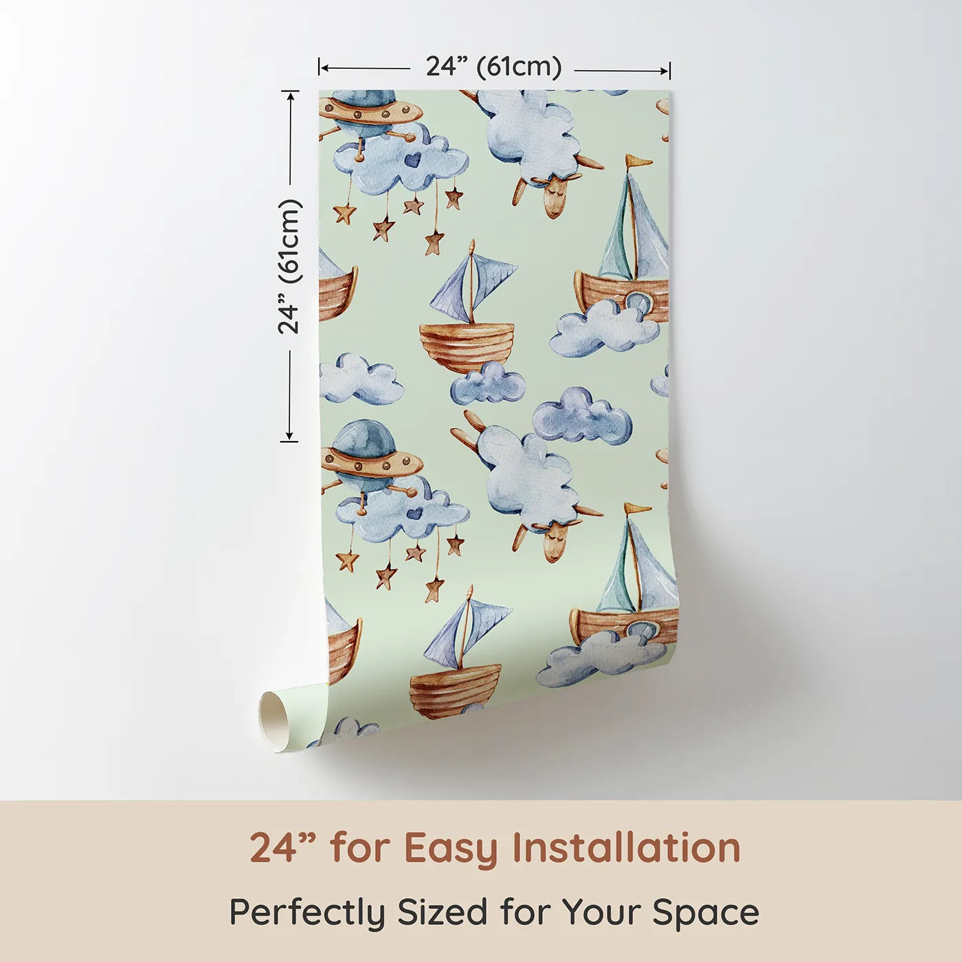 Dimension view of Whimsy Tots Counting Clouds and Sailing Dreams Wallpaper in Mint Green (W3424D). Printed in 24-inch-wide panel for easy installation. Wooden boats and dreaming sheep float through soft minty skies.