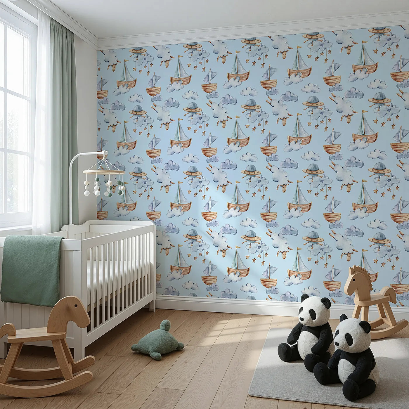 Angled view of Whimsy Tots' Counting Clouds and Sailing Dreams Wallpaper in Blue (W3424E).Sailboats and sleepy stars float gently through a soft blue sky.