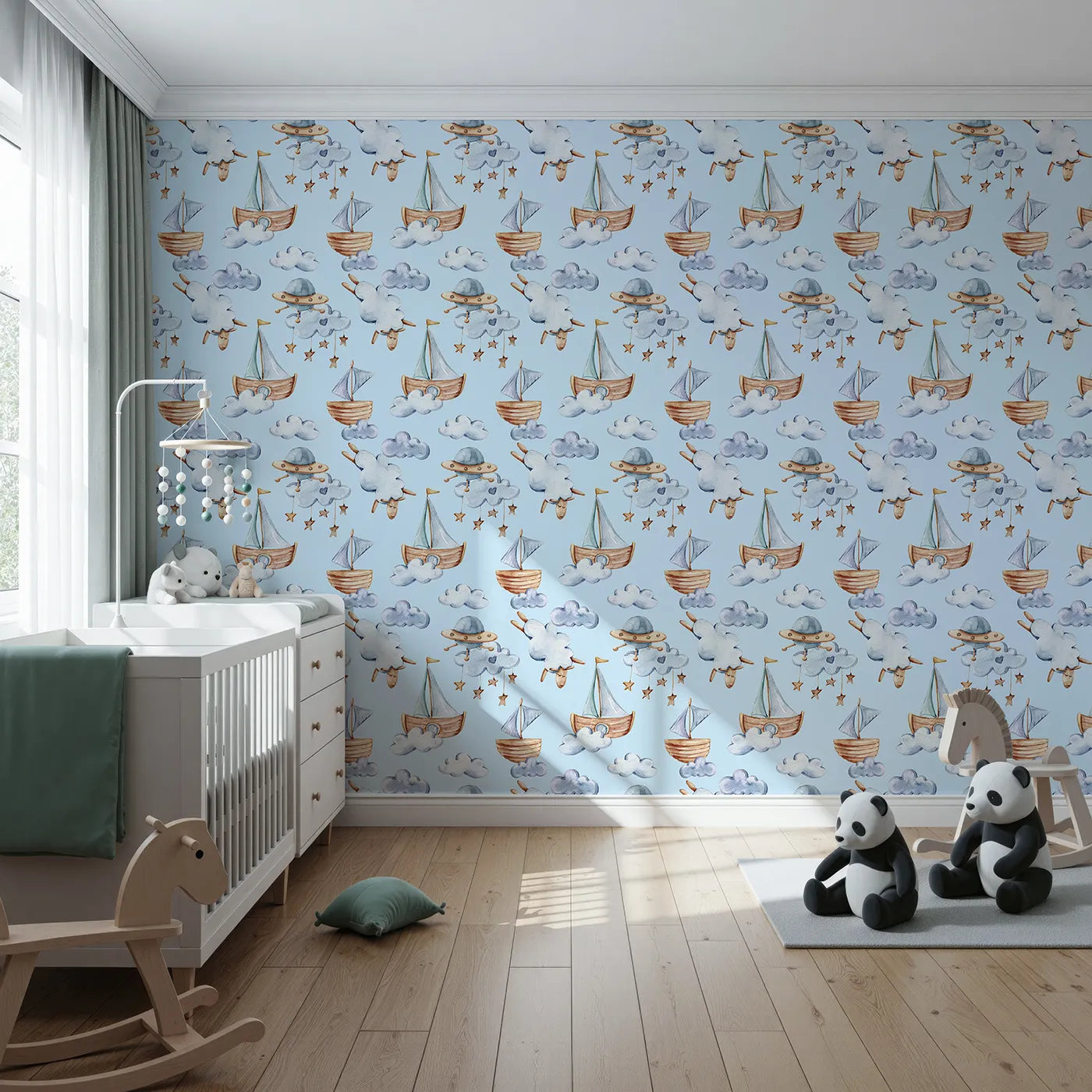 Front view of Whimsy Tots' Counting Clouds and Sailing Dreams Wallpaper in Blue