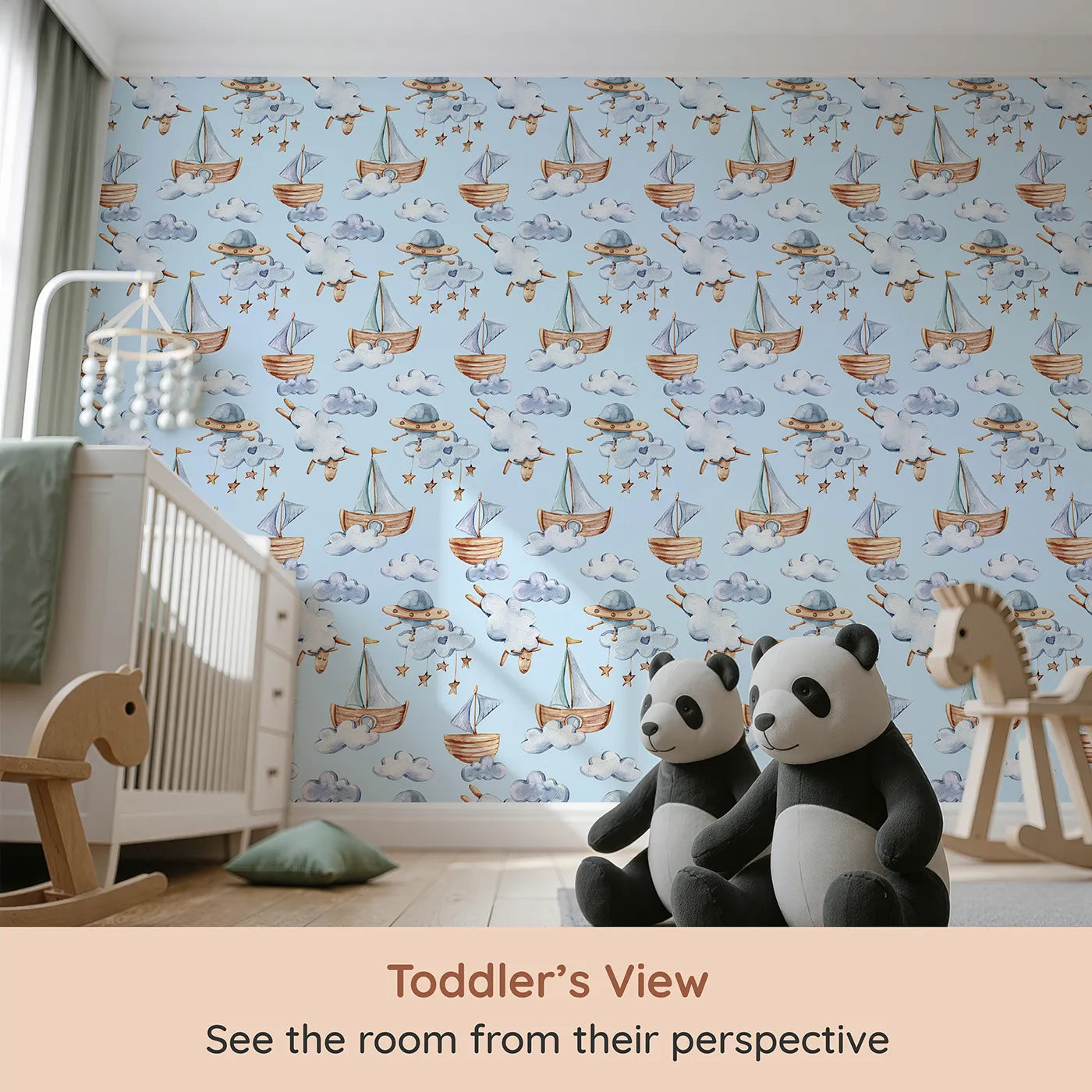 Whimsy Tots Counting Clouds and Sailing Dreams Wallpaper in Blue (W3424E) from your child's view.Sailboats and sleepy stars float gently through a soft blue sky.