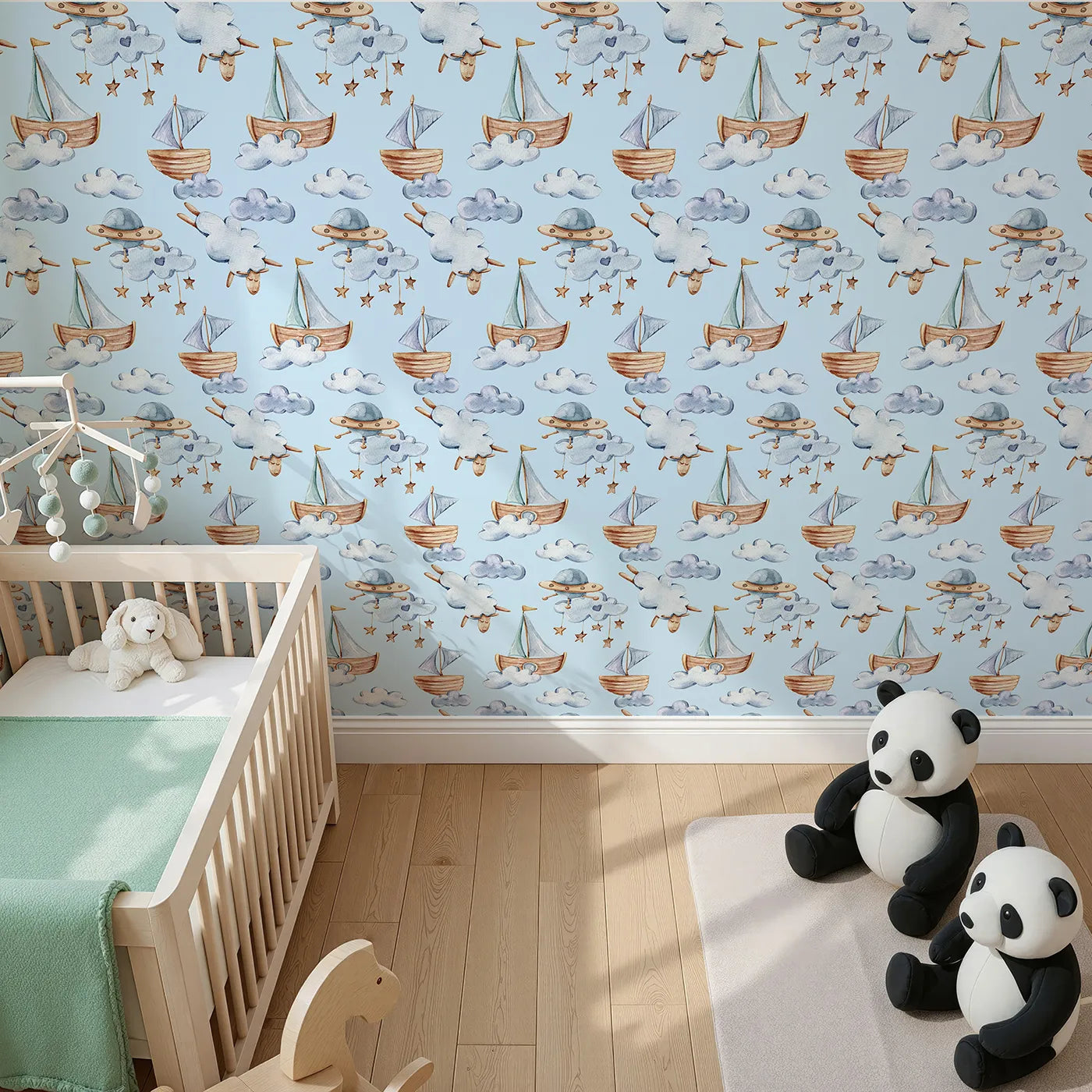 Top-Down view of Whimsy Tots' Counting Clouds and Sailing Dreams Wallpaper in Blue (W3424E).Sailboats and sleepy stars float gently through a soft blue sky.