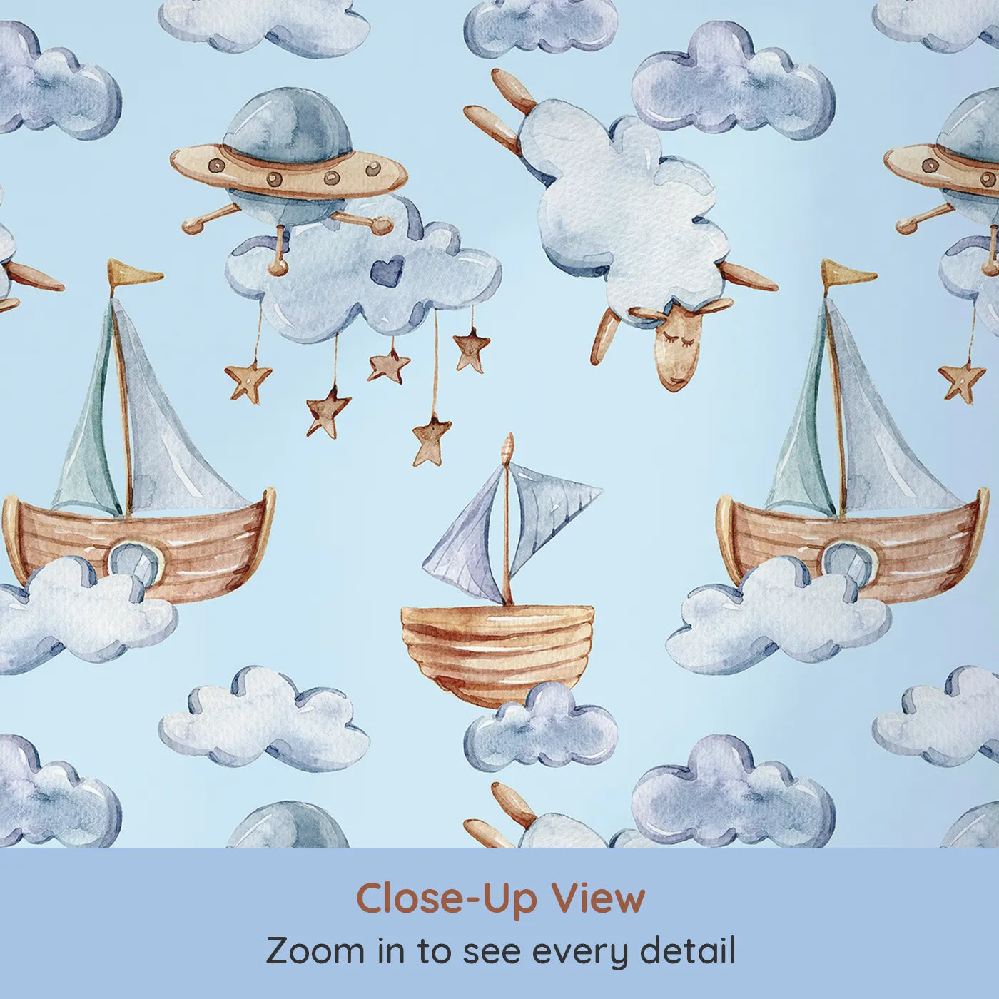 Close-up view of Whimsy Tots' Counting Clouds and Sailing Dreams Wallpaper in Blue (W3424E).Sailboats and sleepy stars float gently through a soft blue sky.