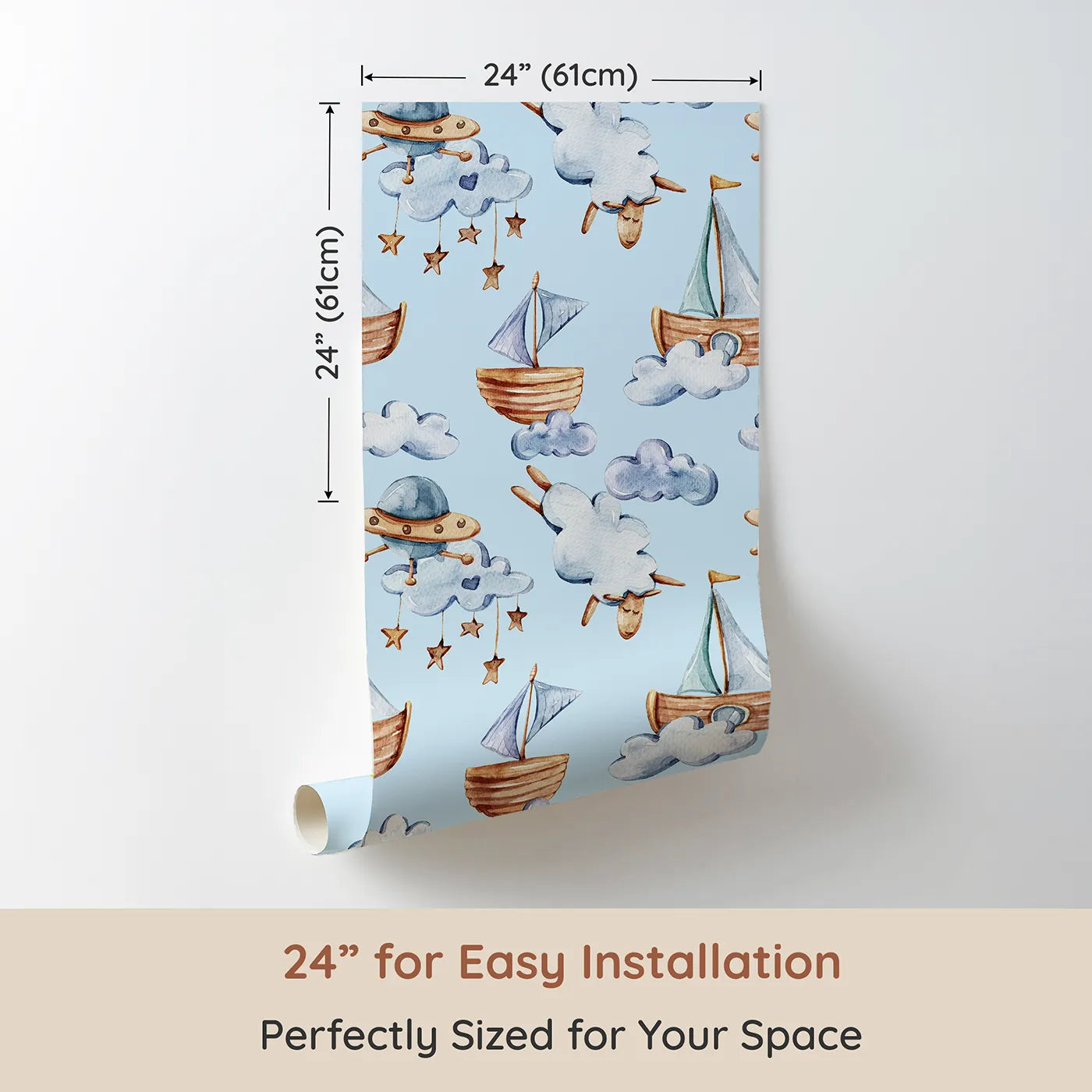 Dimension view of Whimsy Tots Counting Clouds and Sailing Dreams Wallpaper in Blue (W3424E). Printed in 24-inch-wide panel for easy installation. Sailboats and sleepy stars float gently through a soft blue sky.