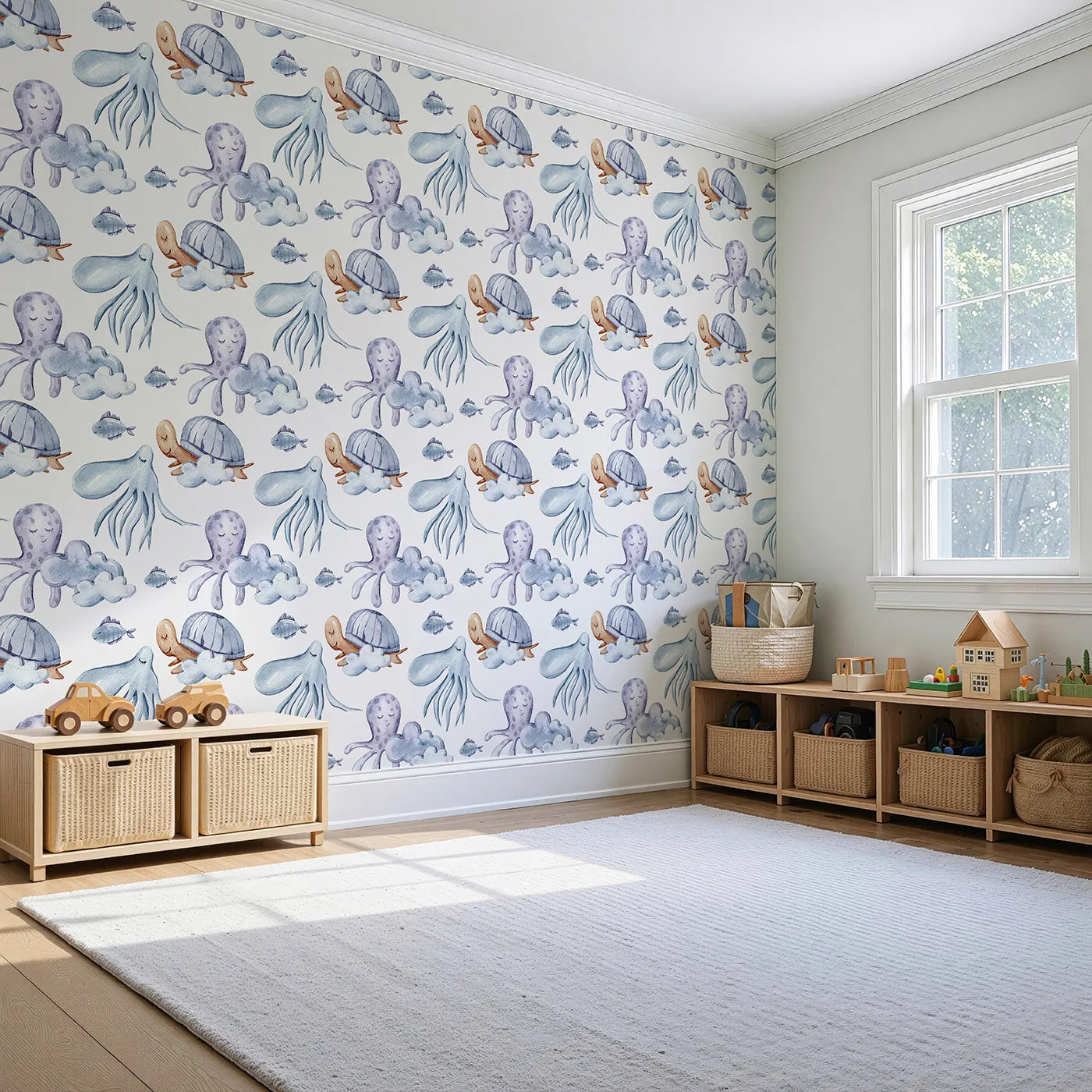 Angled view of Whimsy Tots' Ocean Cloud Cuddle Wallpaper in White (W3425A).Sleepy turtles and octopuses nestle on watercolor clouds.