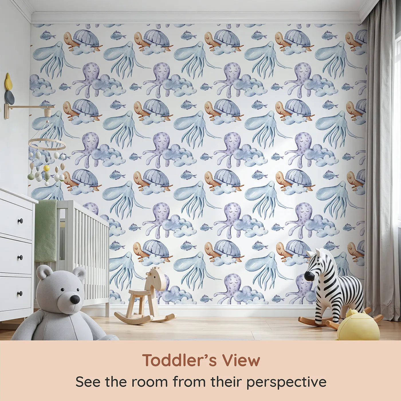 Whimsy Tots Ocean Cloud Cuddle Wallpaper in White (W3425A) from your child's view.Sleepy turtles and octopuses nestle on watercolor clouds.